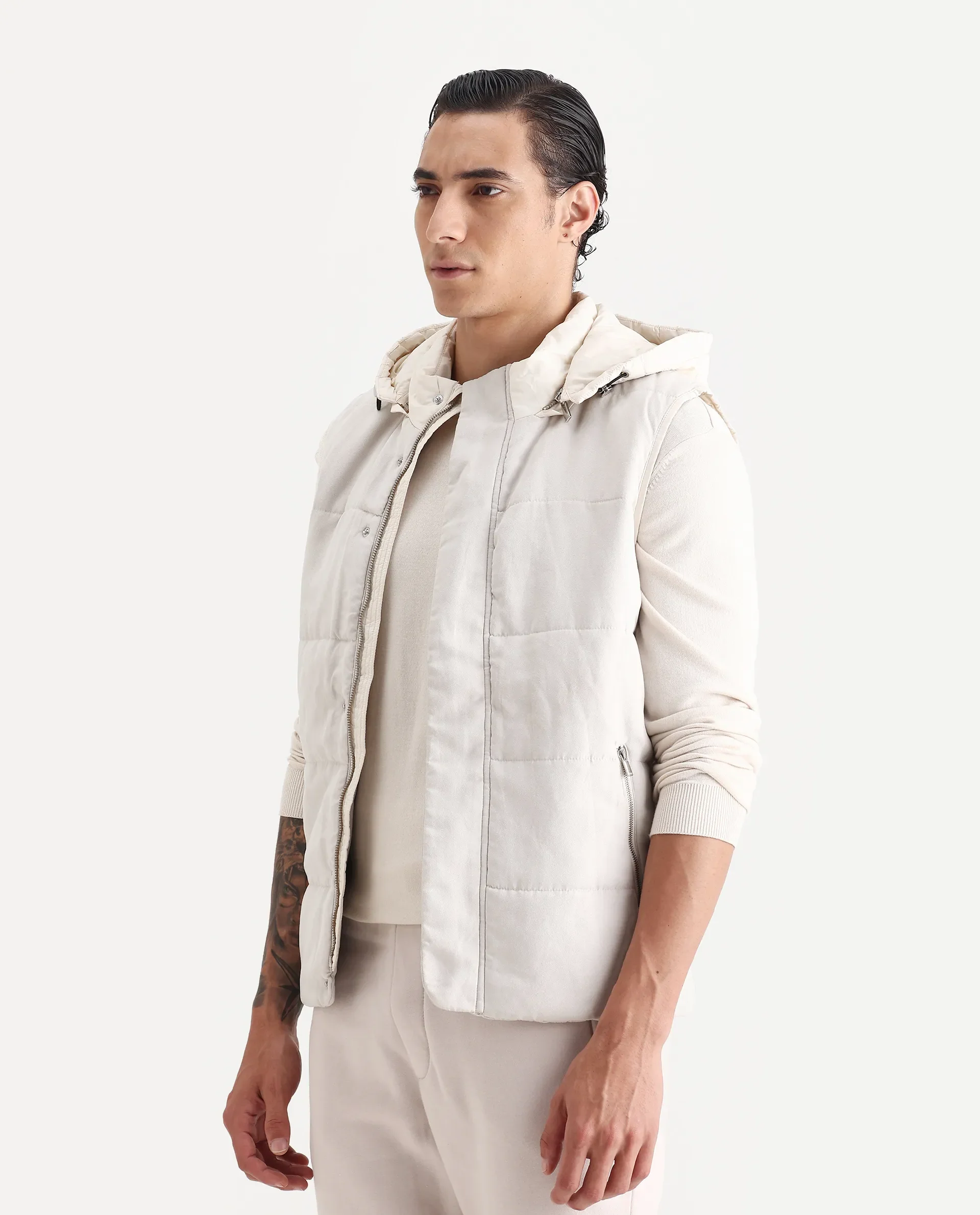 Rare Rabbit Men's Raldo Beige Suede Plain Regular Fit Sleeveless Hooded Jacket - Image 4