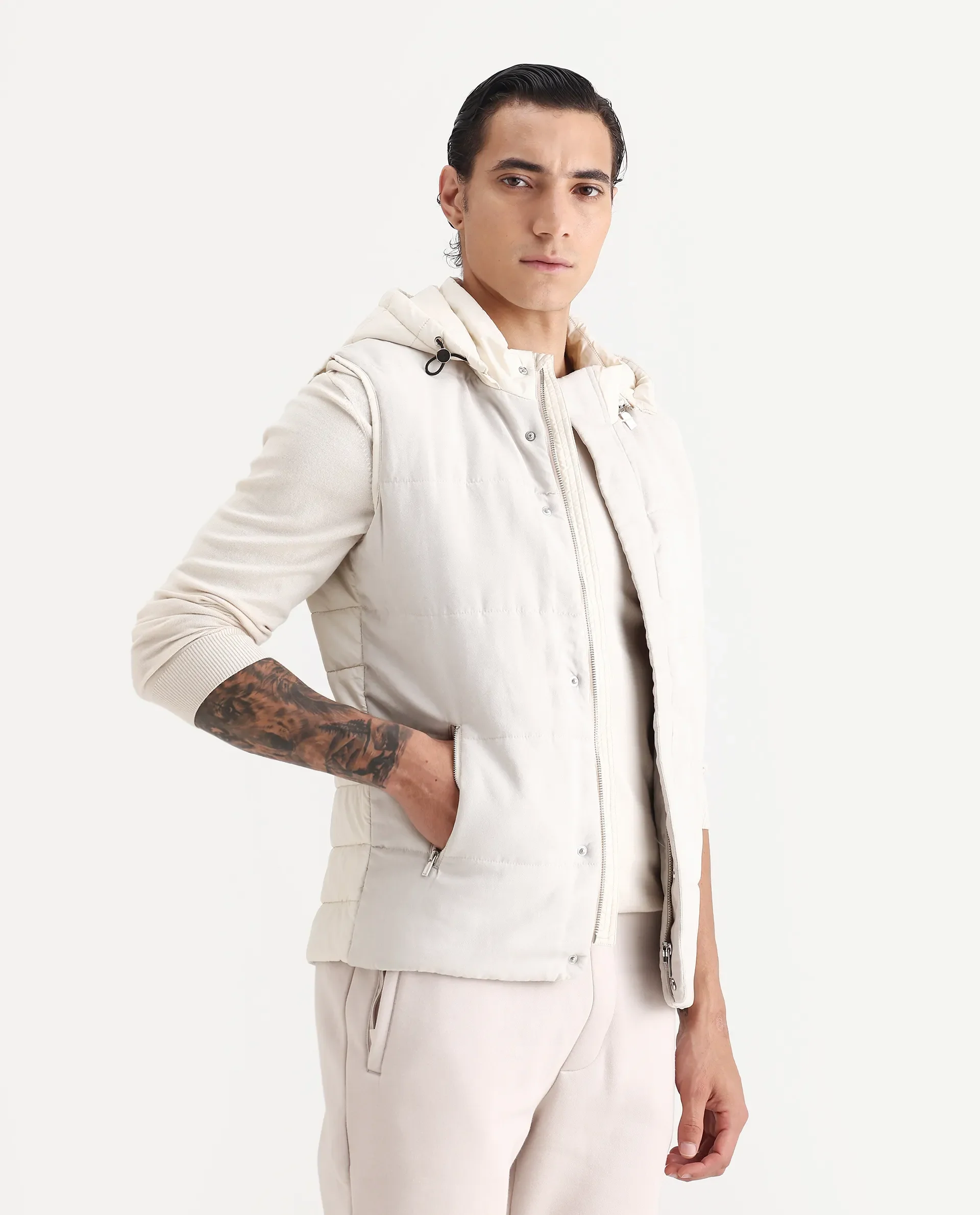 Rare Rabbit Men's Raldo Beige Suede Plain Regular Fit Sleeveless Hooded Jacket - Image 5
