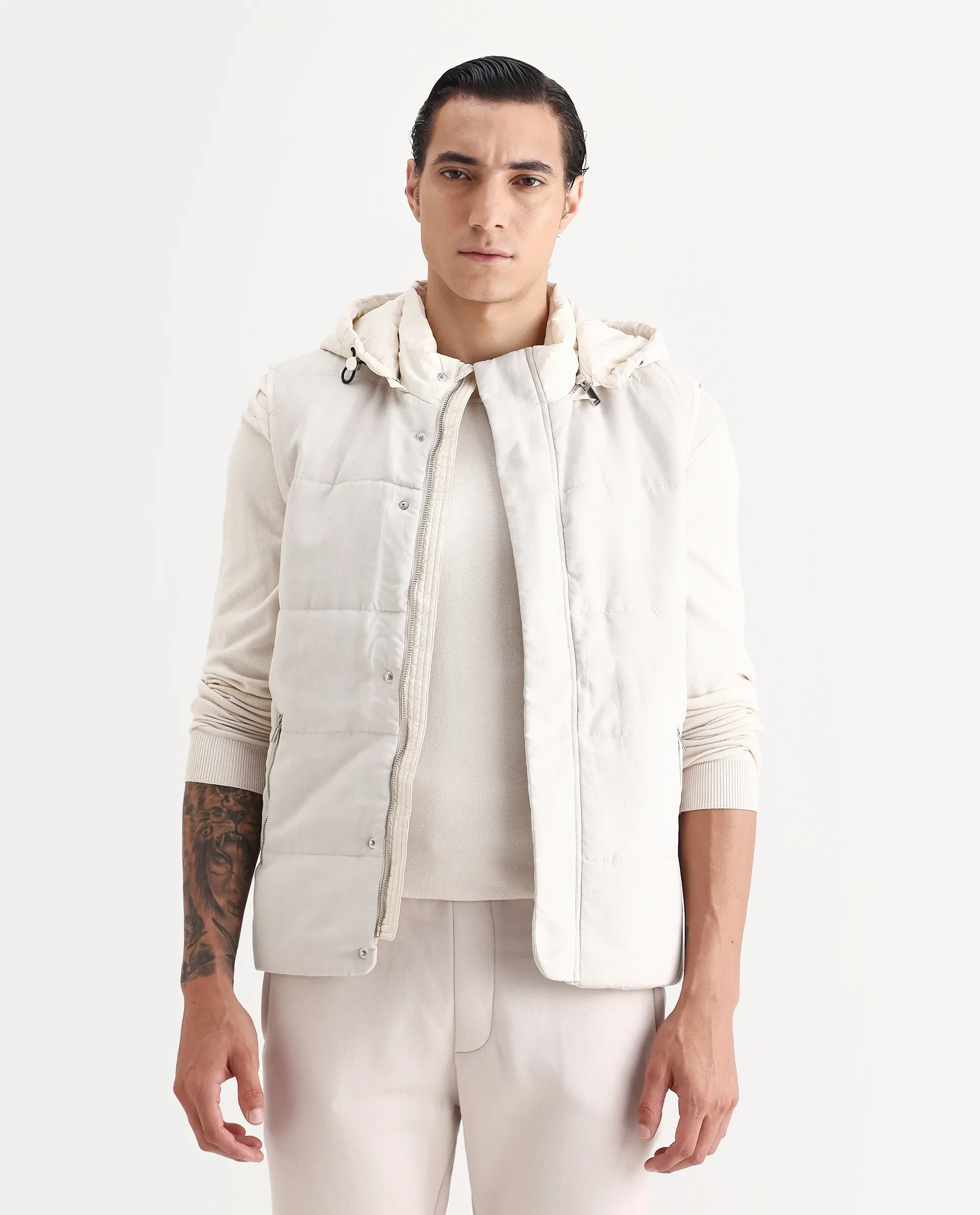 Rare Rabbit Men's Raldo Beige Suede Plain Regular Fit Sleeveless Hooded Jacket - Image 7