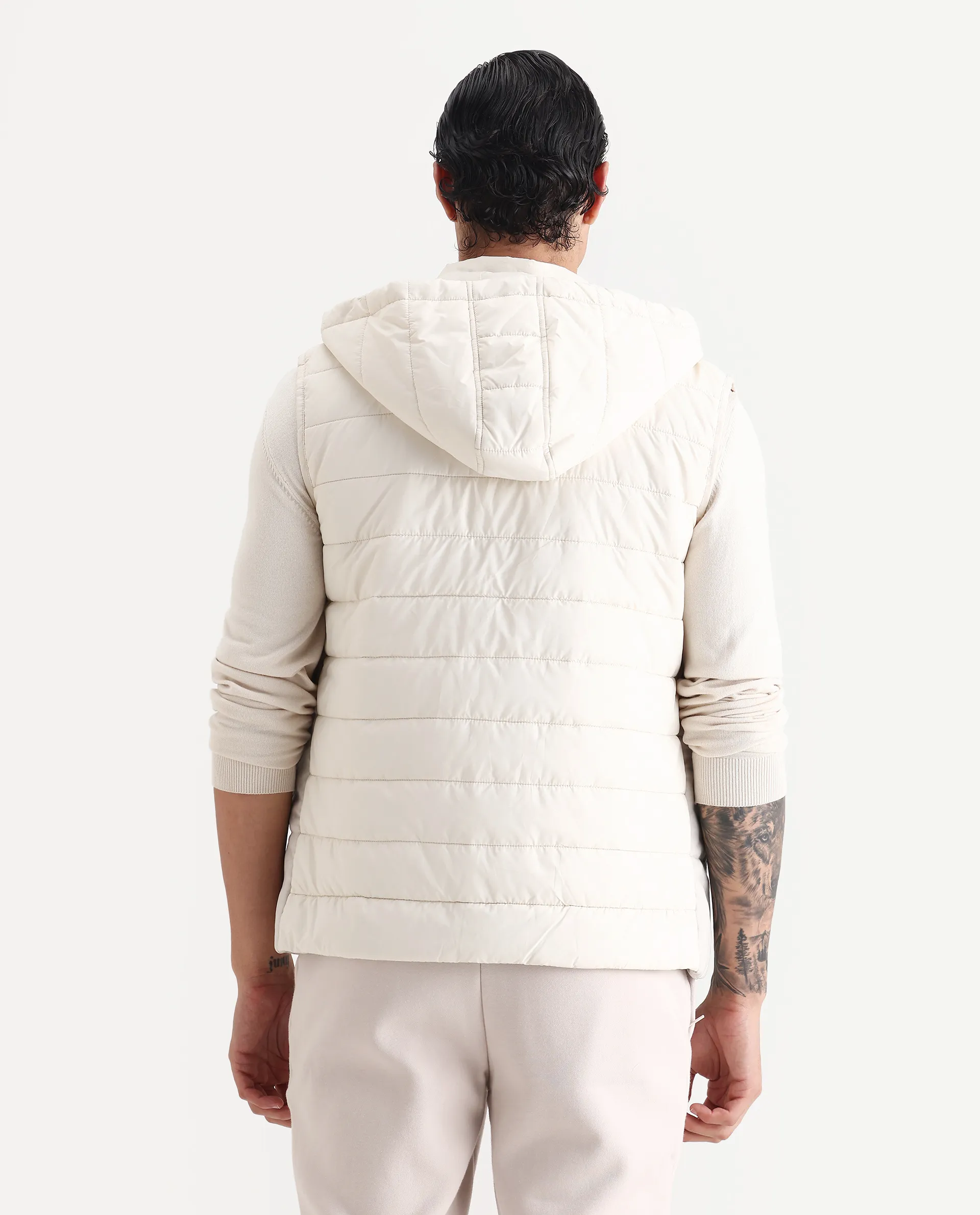 Rare Rabbit Men's Raldo Beige Suede Plain Regular Fit Sleeveless Hooded Jacket - Image 8