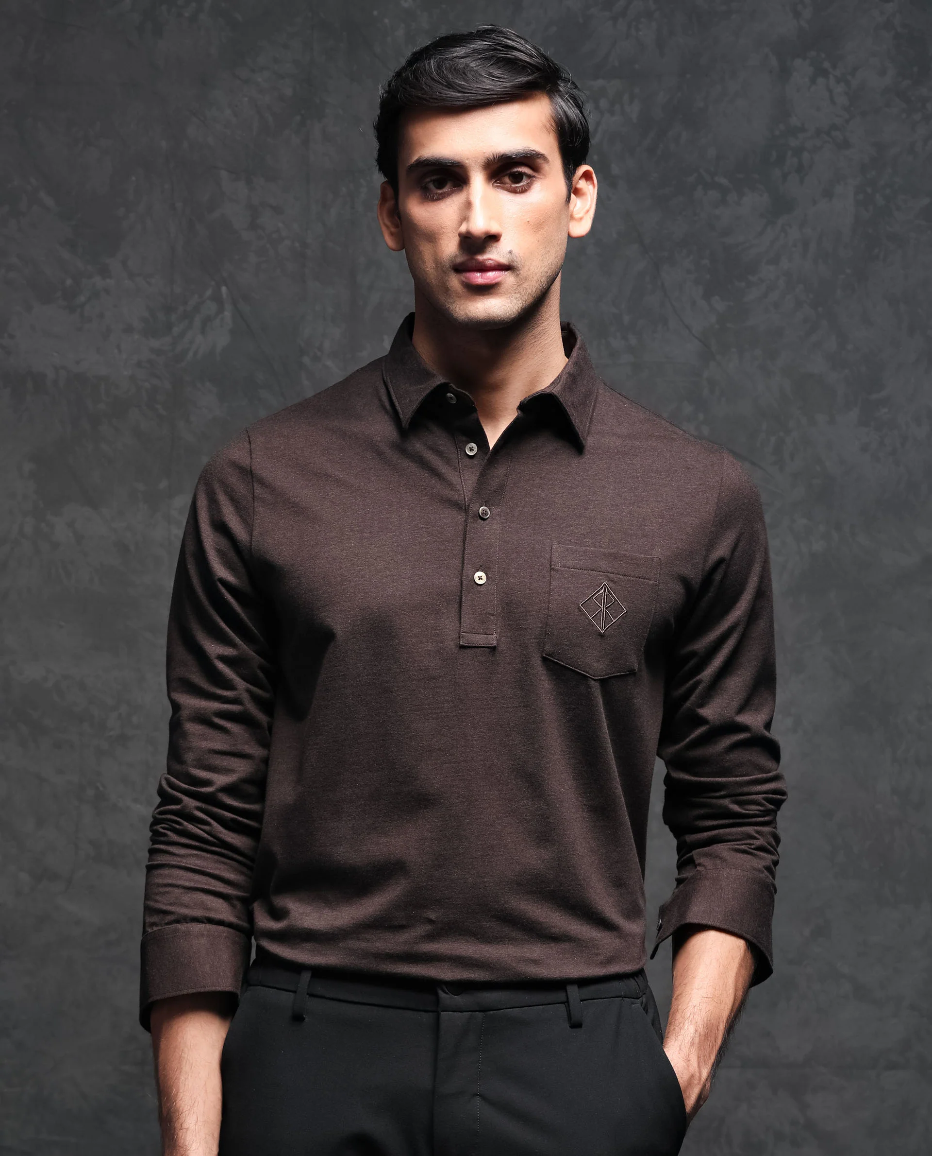 Rare Rabbit Men's Ralfet Brown Cotton Embroidered Regular Fit Full Sleeve Polo