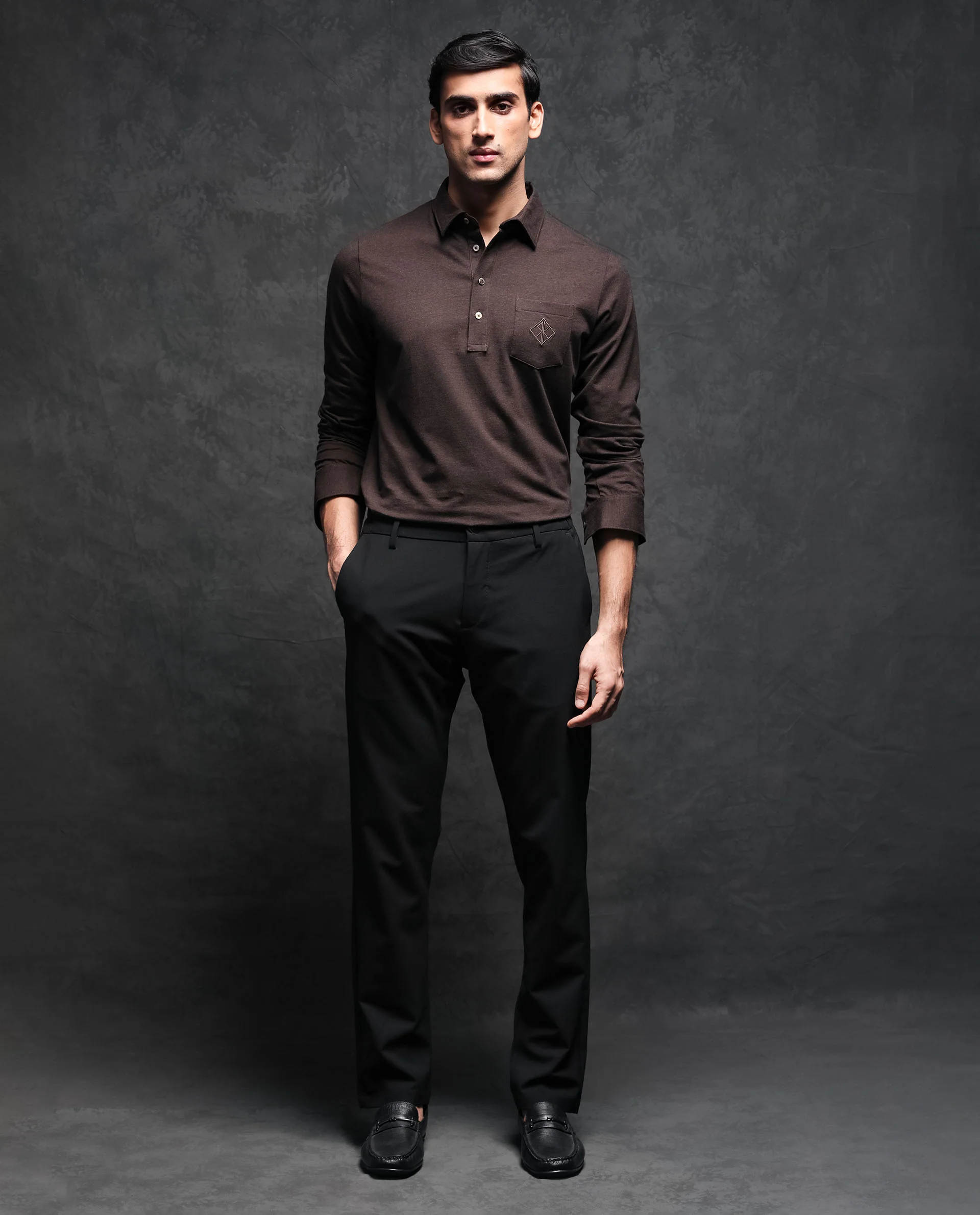 Rare Rabbit Men's Ralfet Brown Cotton Embroidered Regular Fit Full Sleeve Polo - Image 4