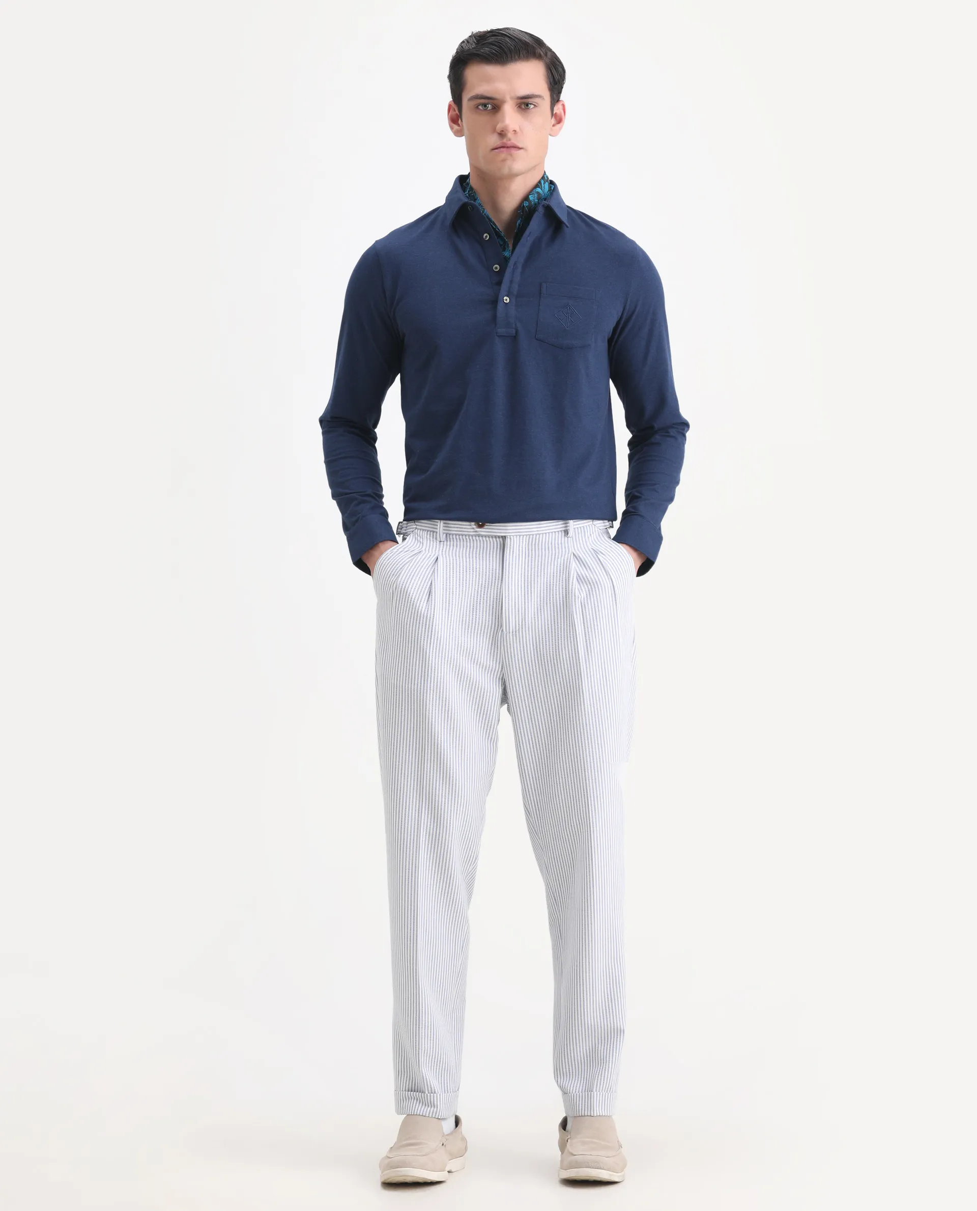 Rare Rabbit Men's Ralfet Navy Cotton Embroidered Regular Fit Full Sleeve Polo - Image 2