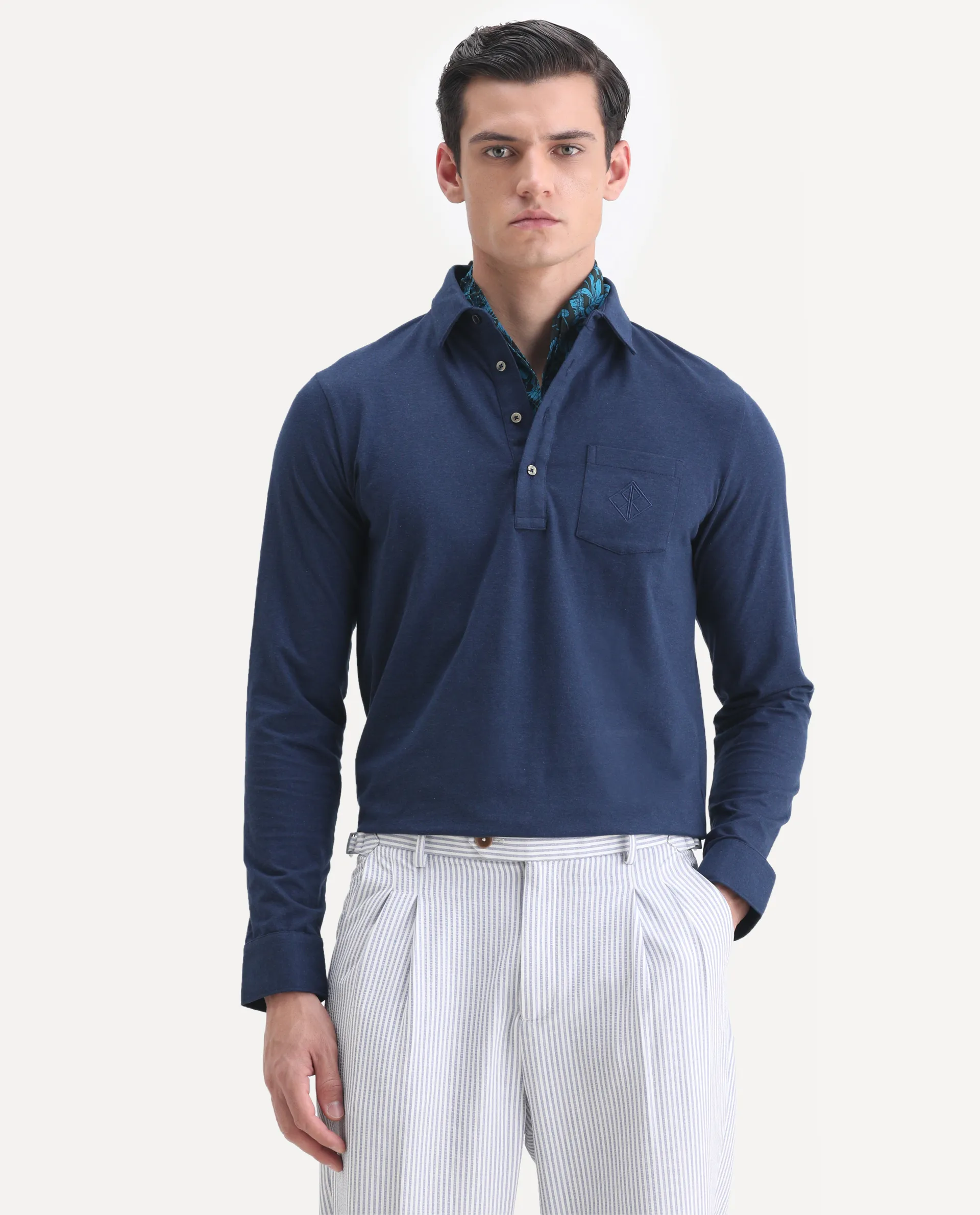 Rare Rabbit Men's Ralfet Navy Cotton Embroidered Regular Fit Full Sleeve Polo - Image 4