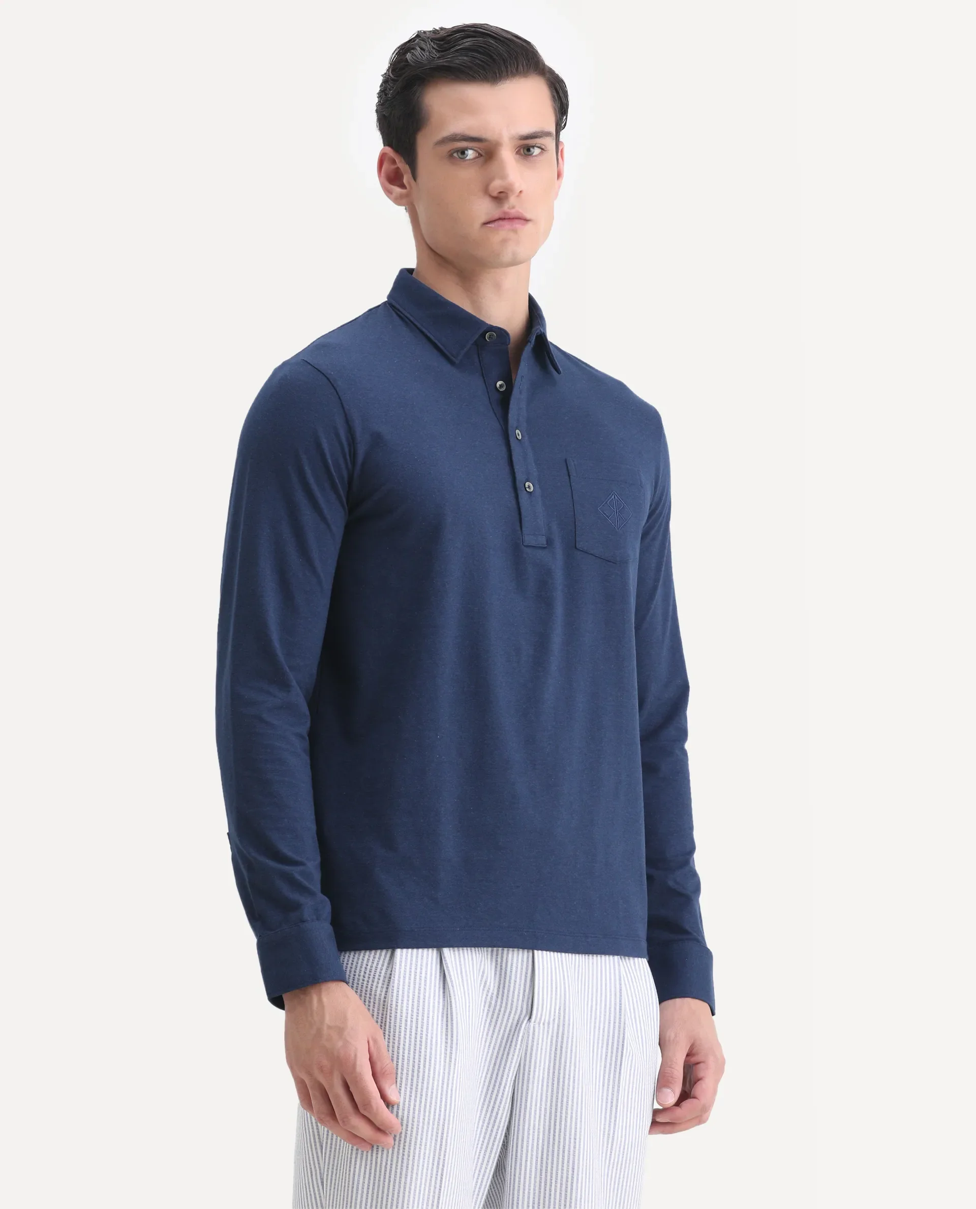 Rare Rabbit Men's Ralfet Navy Cotton Embroidered Regular Fit Full Sleeve Polo - Image 6