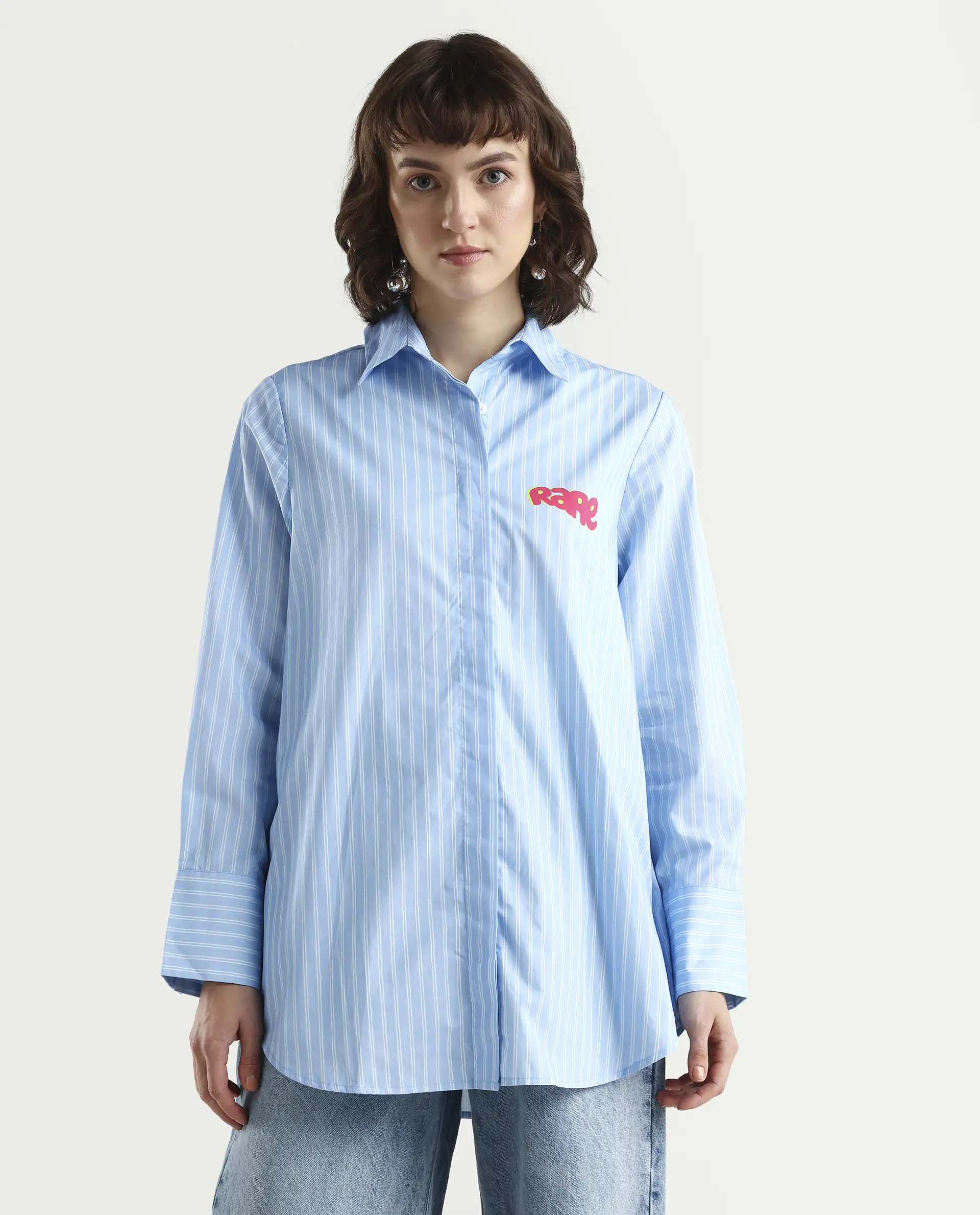 Rareism Women's Rambla Blue Poplin Spread Collar Abstract Print Cuffed Sleeve Relaxed Fit Top - Image 3