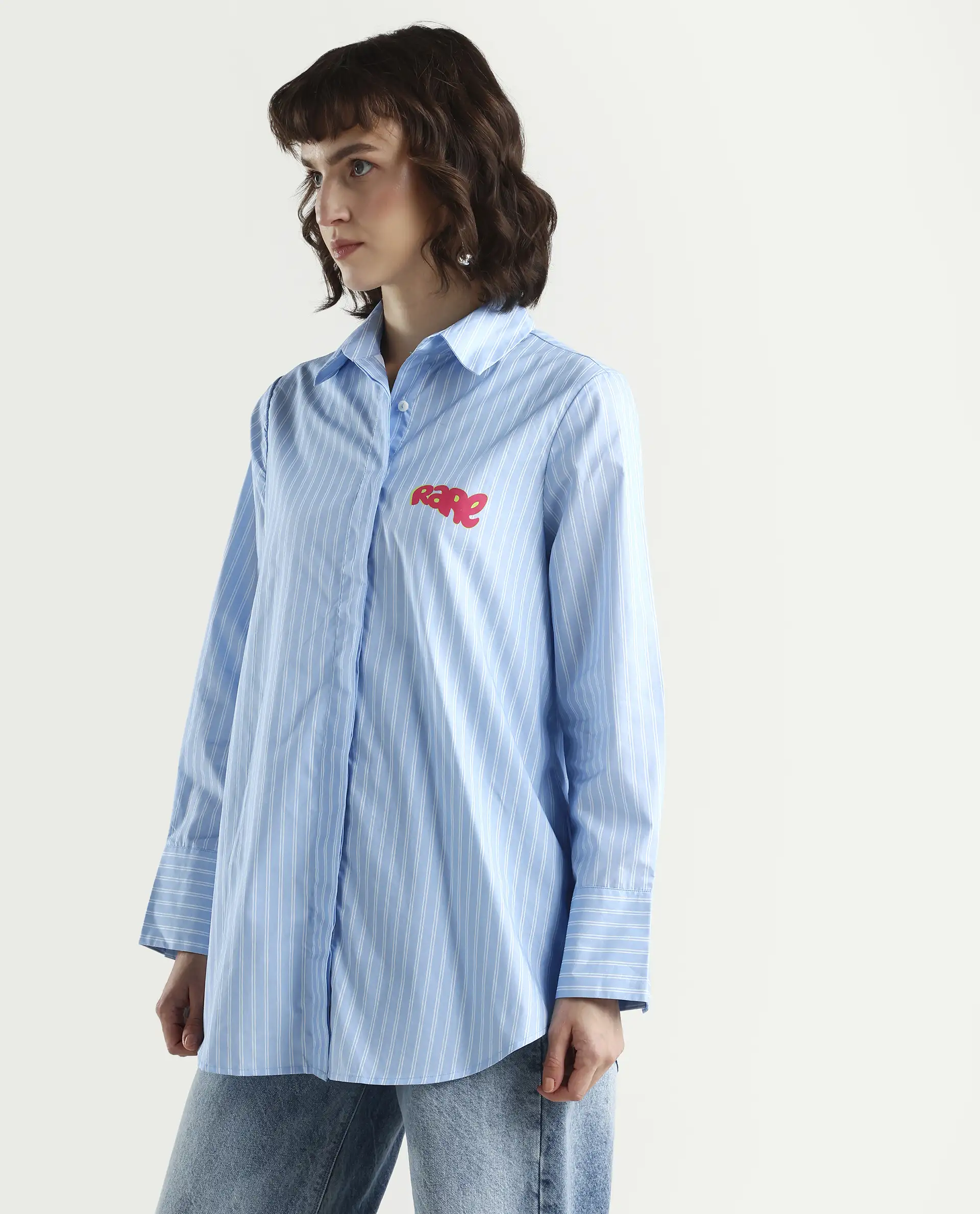 Rareism Women's Rambla Blue Poplin Spread Collar Abstract Print Cuffed Sleeve Relaxed Fit Top - Image 5