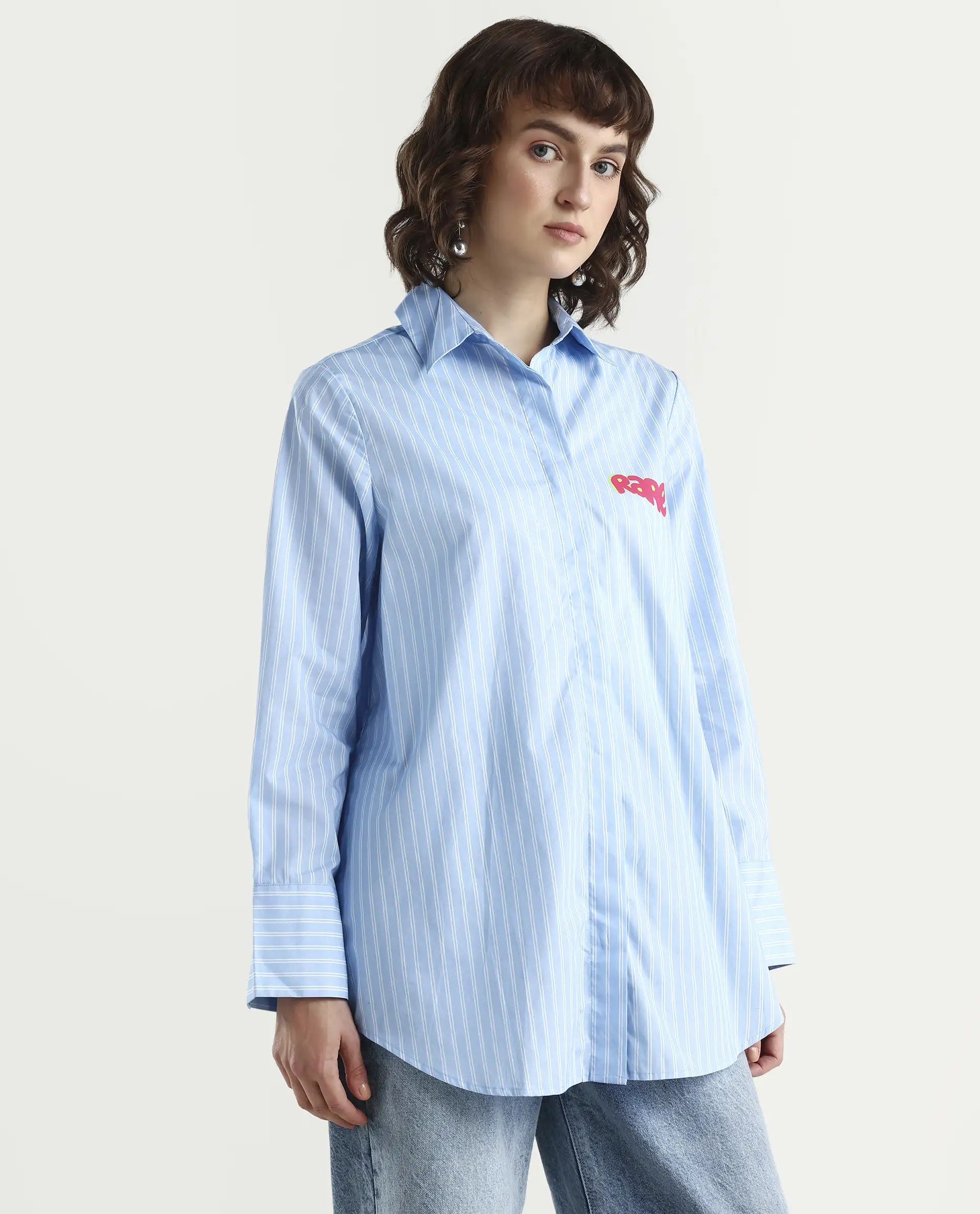 Rareism Women's Rambla Blue Poplin Spread Collar Abstract Print Cuffed Sleeve Relaxed Fit Top - Image 6