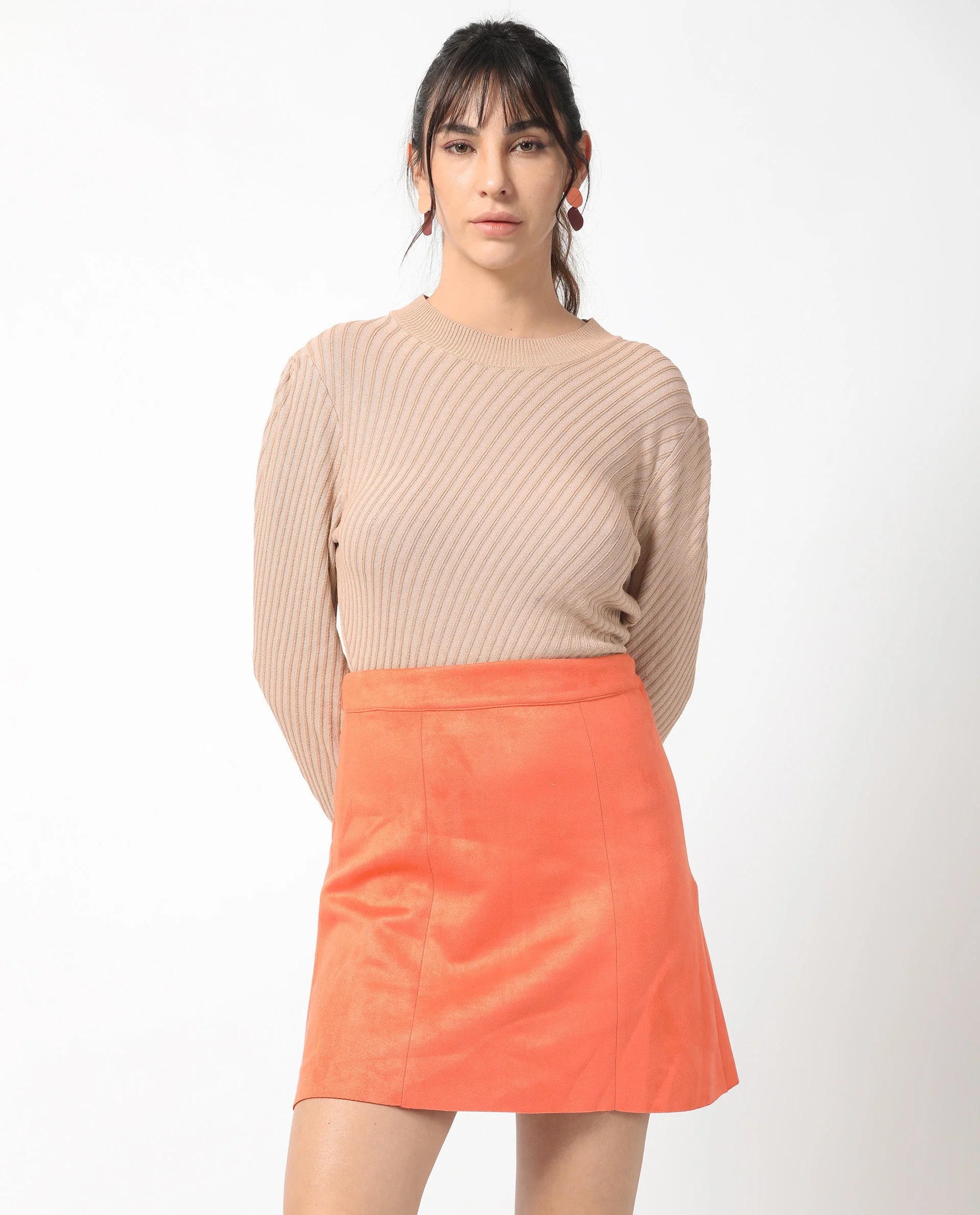 Rareism Women's Rame Orange Polyester Plain Midi Regular Fit Skirt - Image 3