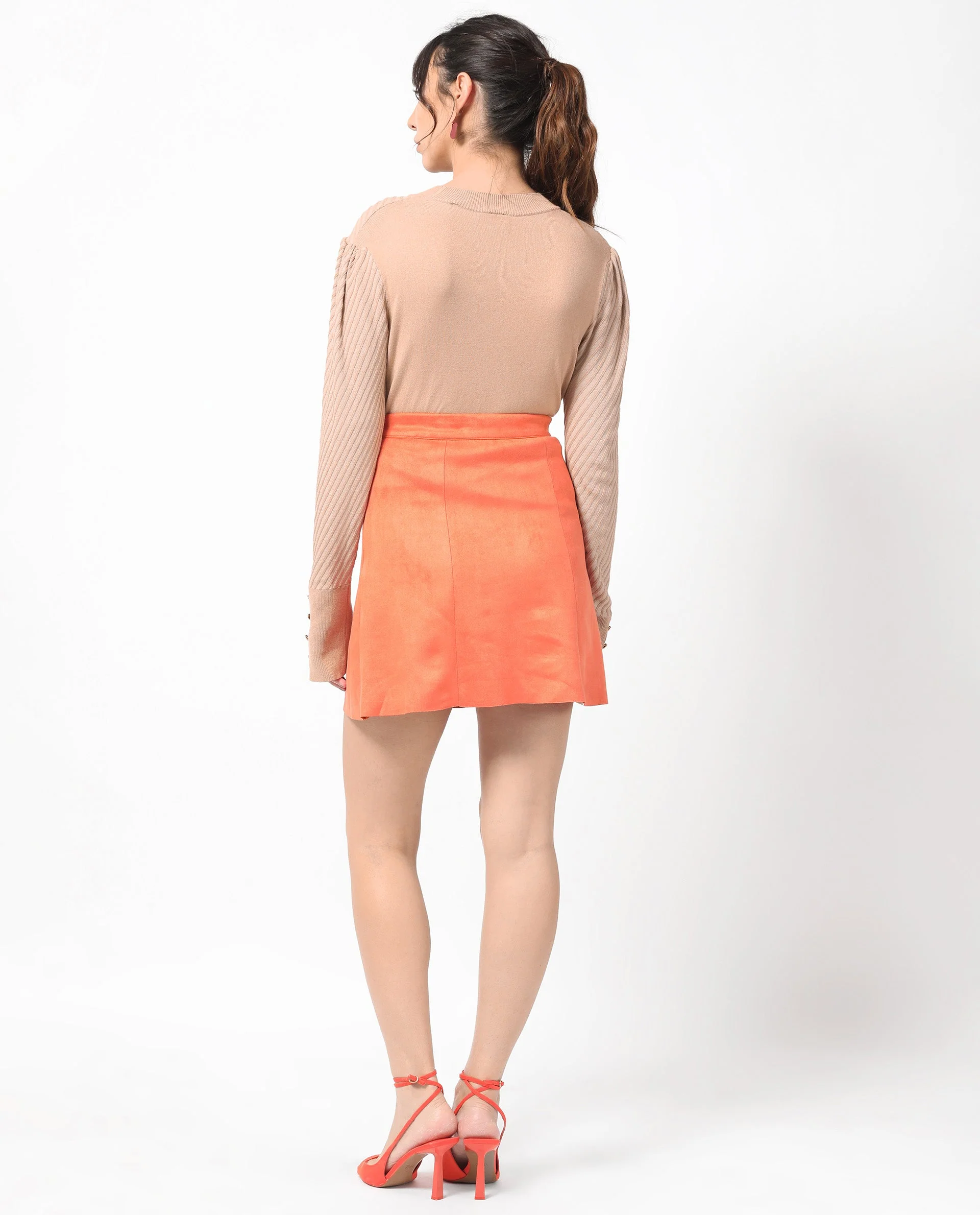 Rareism Women's Rame Orange Polyester Plain Midi Regular Fit Skirt - Image 9
