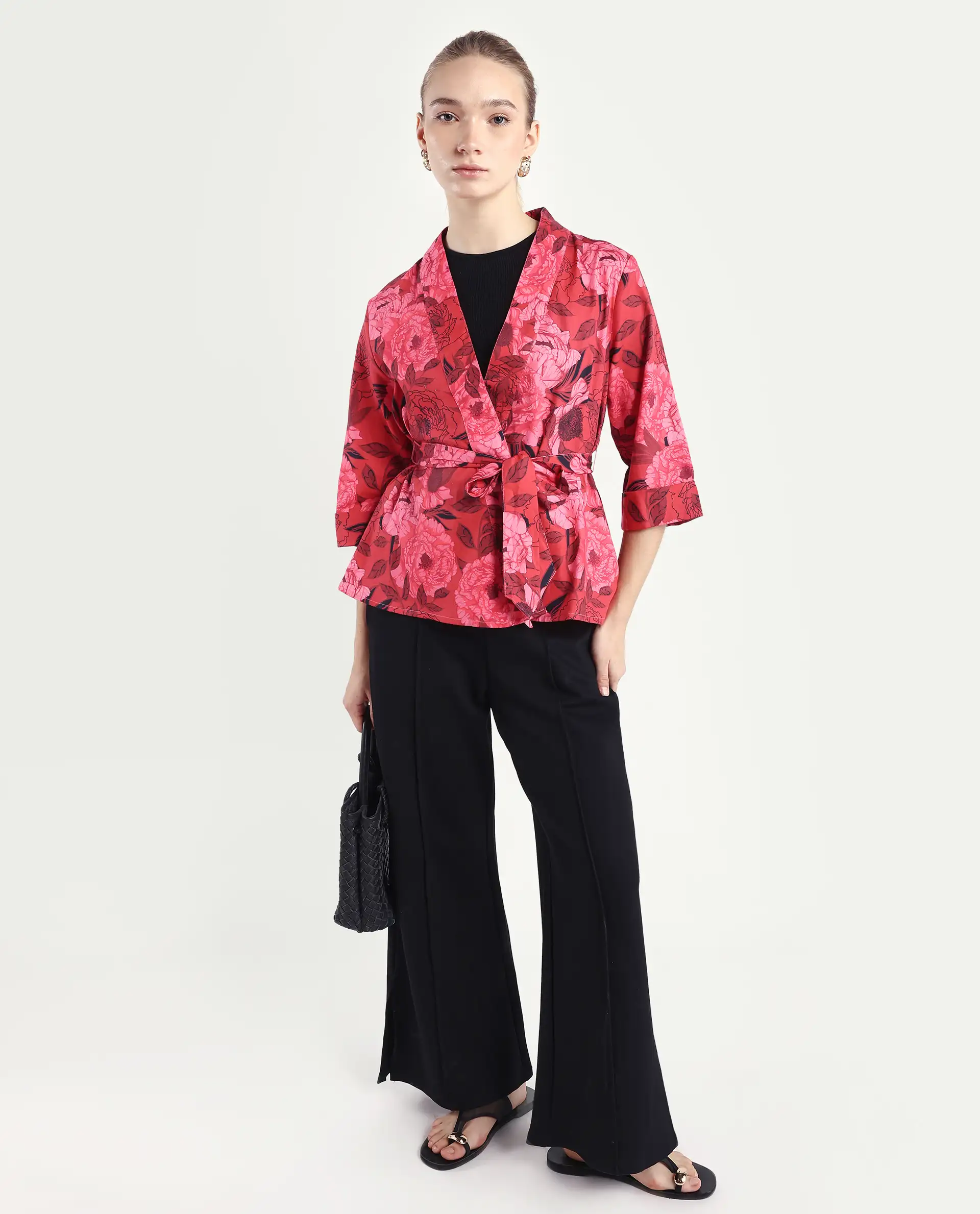 Rareism Women's Ramo Red Cotton Blend Overlap Neck Floral Print Regular Fit Top - Image 2
