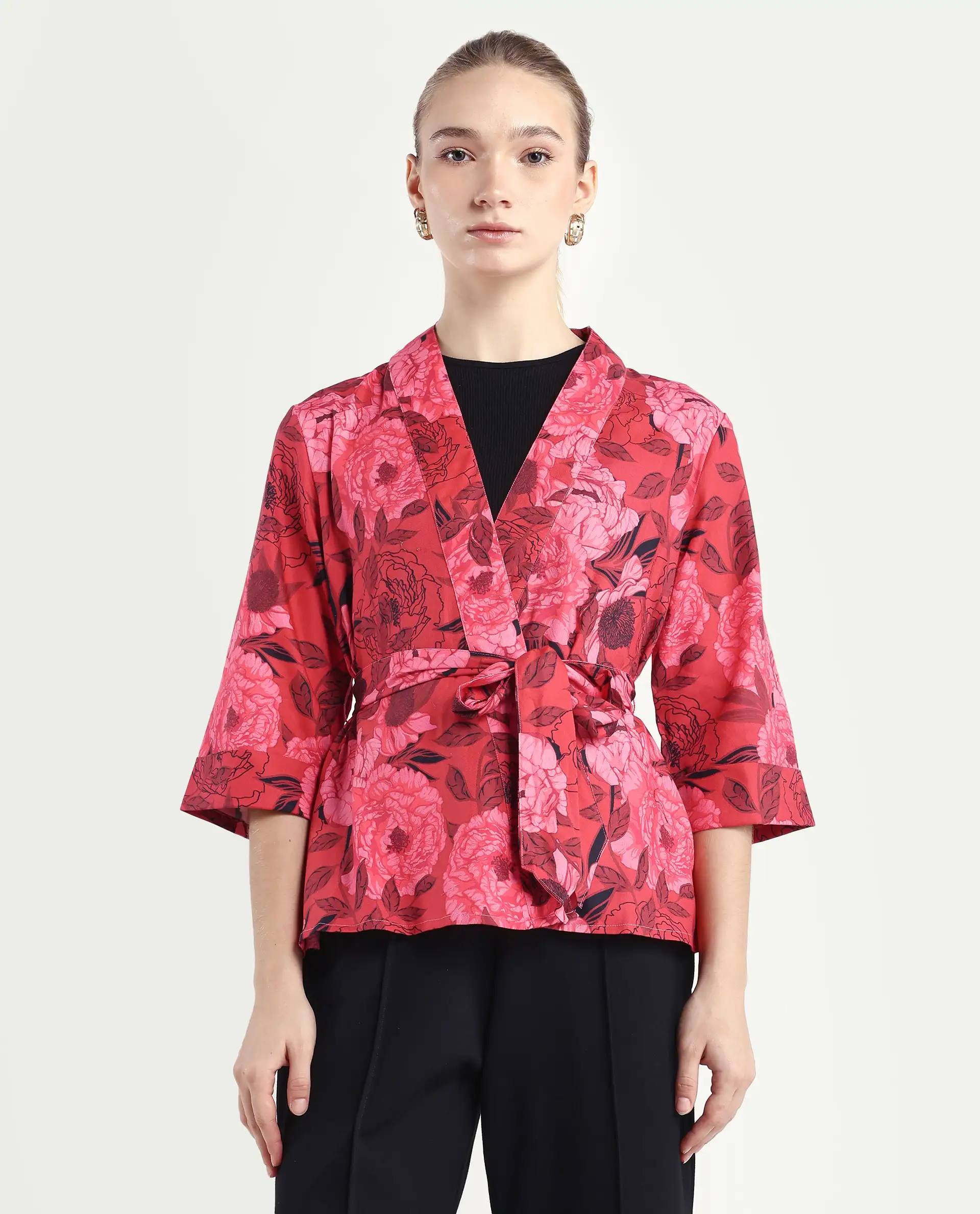 Rareism Women's Ramo Red Cotton Blend Overlap Neck Floral Print Regular Fit Top - Image 3