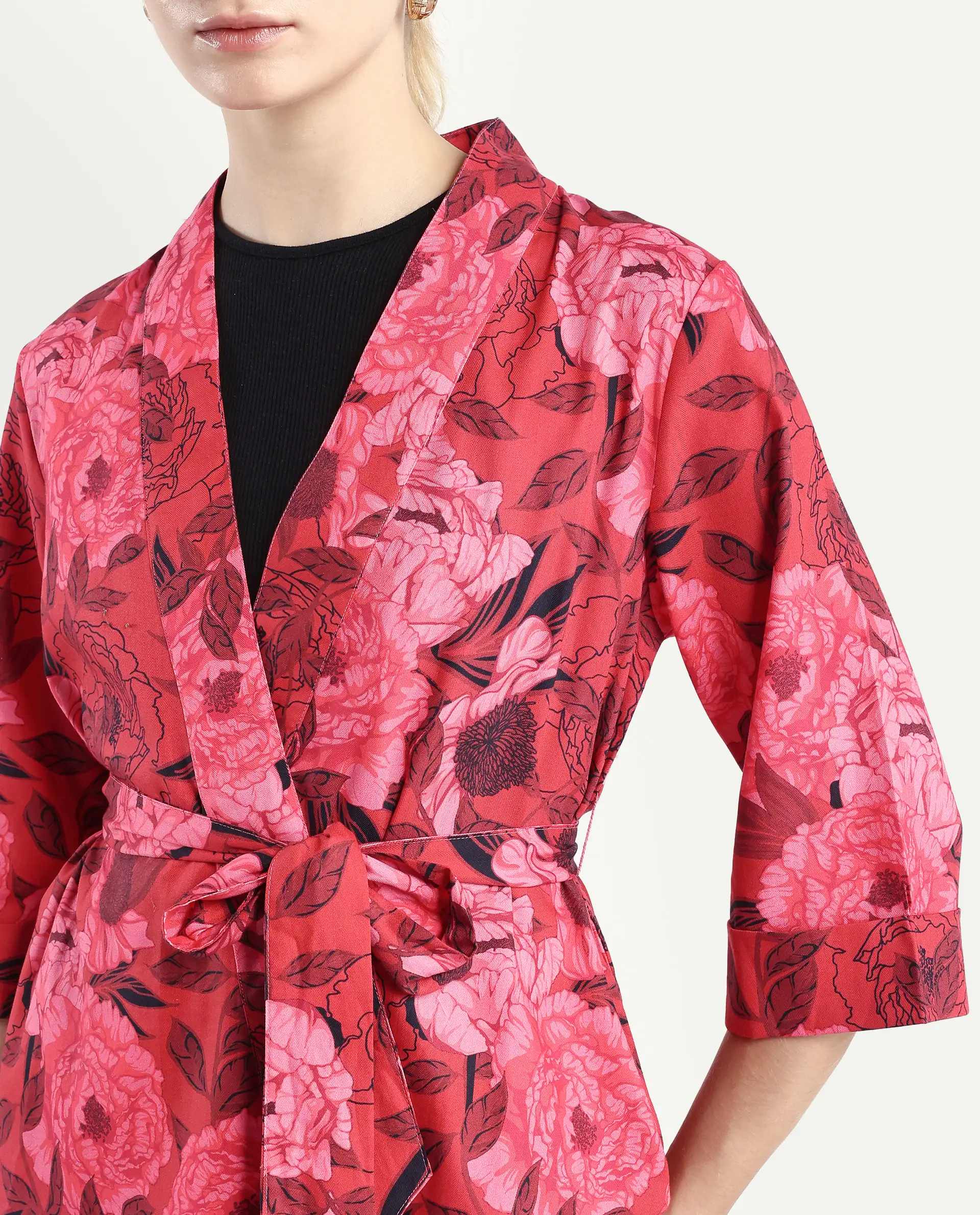 Rareism Women's Ramo Red Cotton Blend Overlap Neck Floral Print Regular Fit Top - Image 4
