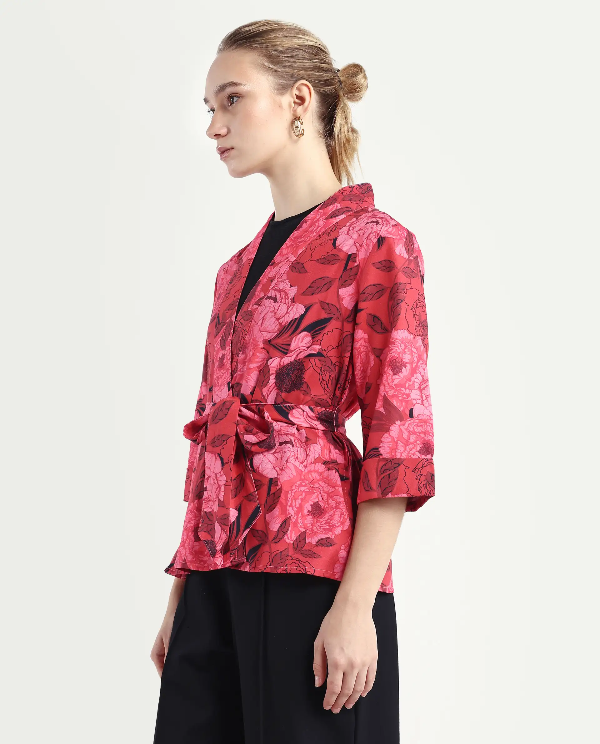 Rareism Women's Ramo Red Cotton Blend Overlap Neck Floral Print Regular Fit Top - Image 5