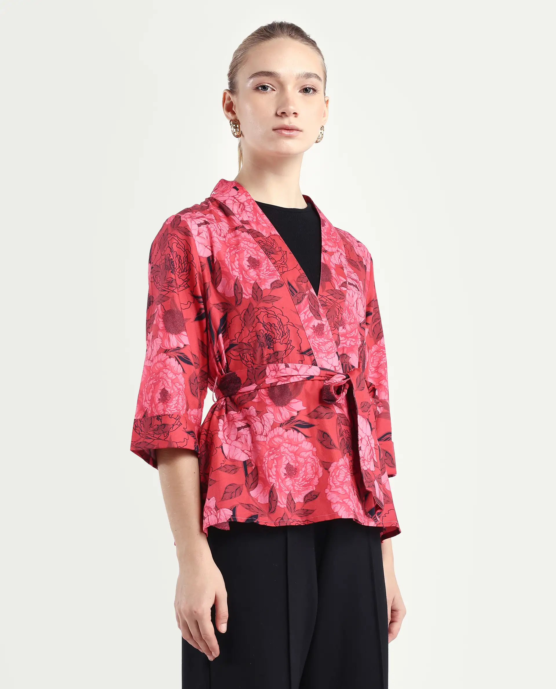 Rareism Women's Ramo Red Cotton Blend Overlap Neck Floral Print Regular Fit Top - Image 6