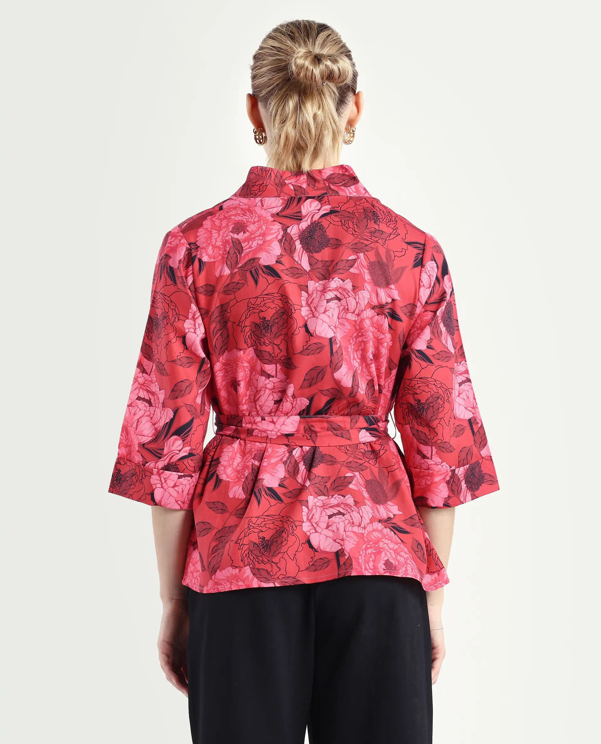 Rareism Women's Ramo Red Cotton Blend Overlap Neck Floral Print Regular Fit Top - Image 7