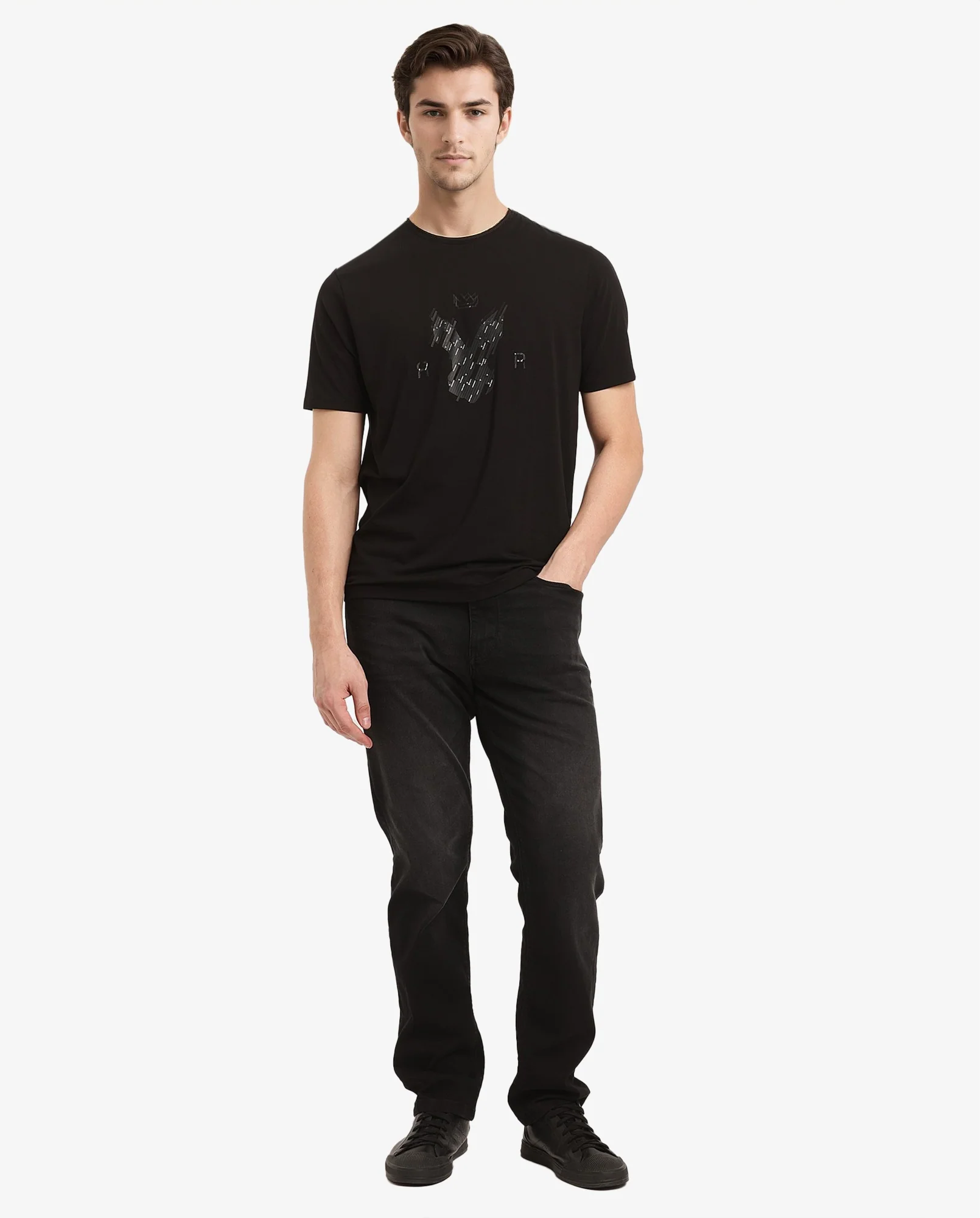 Rare Rabbit Men's Ranato Black Cotton Graphic Print Regular Fit Half Sleeve Crew Neck T-Shirt - Image 2
