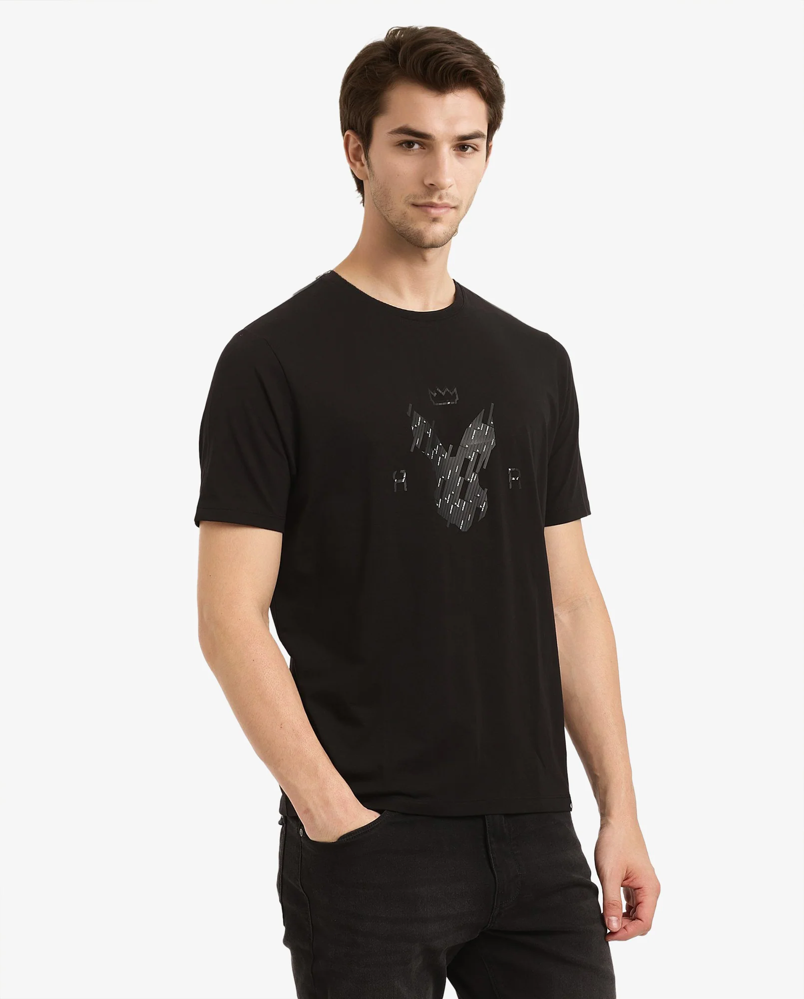 Rare Rabbit Men's Ranato Black Cotton Graphic Print Regular Fit Half Sleeve Crew Neck T-Shirt - Image 4