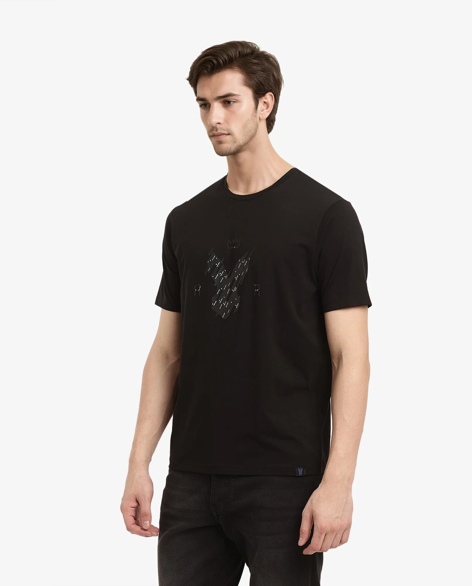 Rare Rabbit Men's Ranato Black Cotton Graphic Print Regular Fit Half Sleeve Crew Neck T-Shirt - Image 5