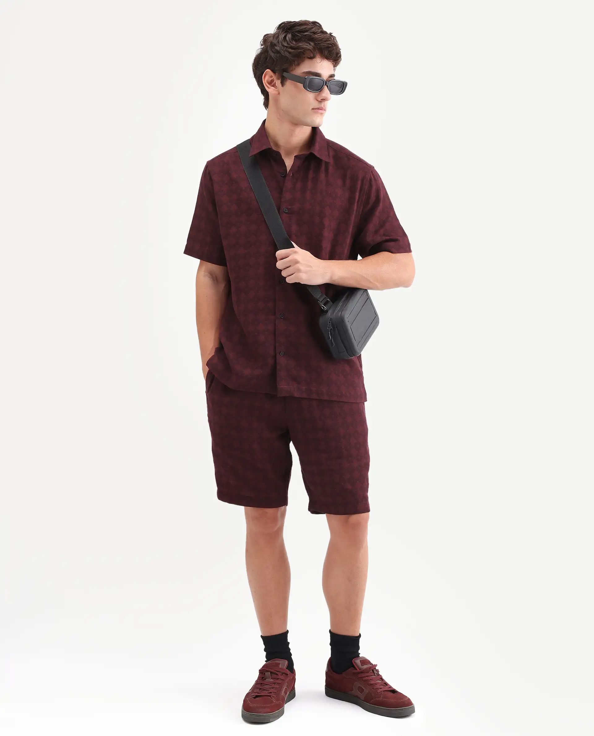 Rare Rabbit Men's Rance Dark Red Cotton Fabric Half Sleeve Regular Fit Geometric Print Shirt - Image 2