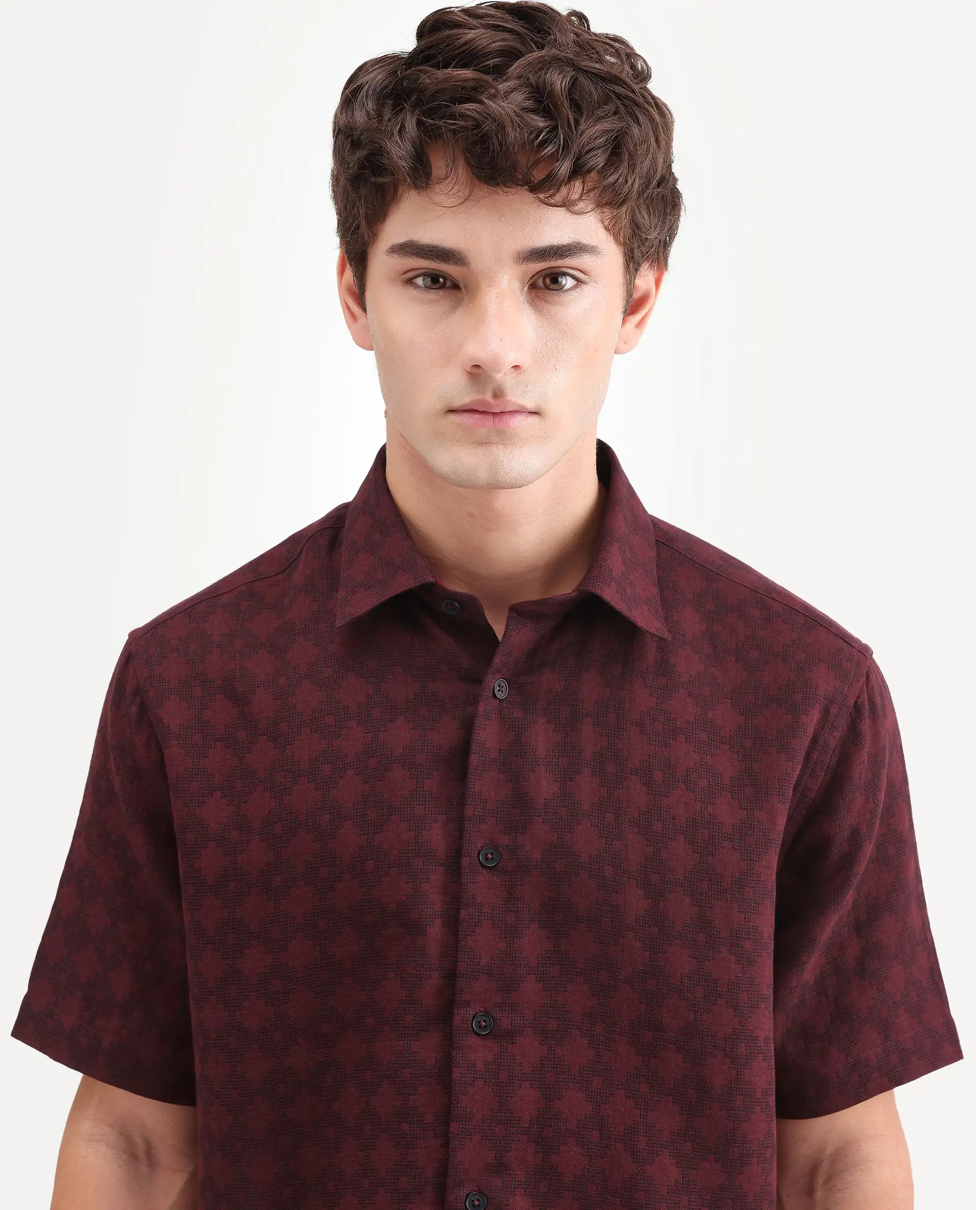 Rare Rabbit Men's Rance Dark Red Cotton Fabric Half Sleeve Regular Fit Geometric Print Shirt - Image 3