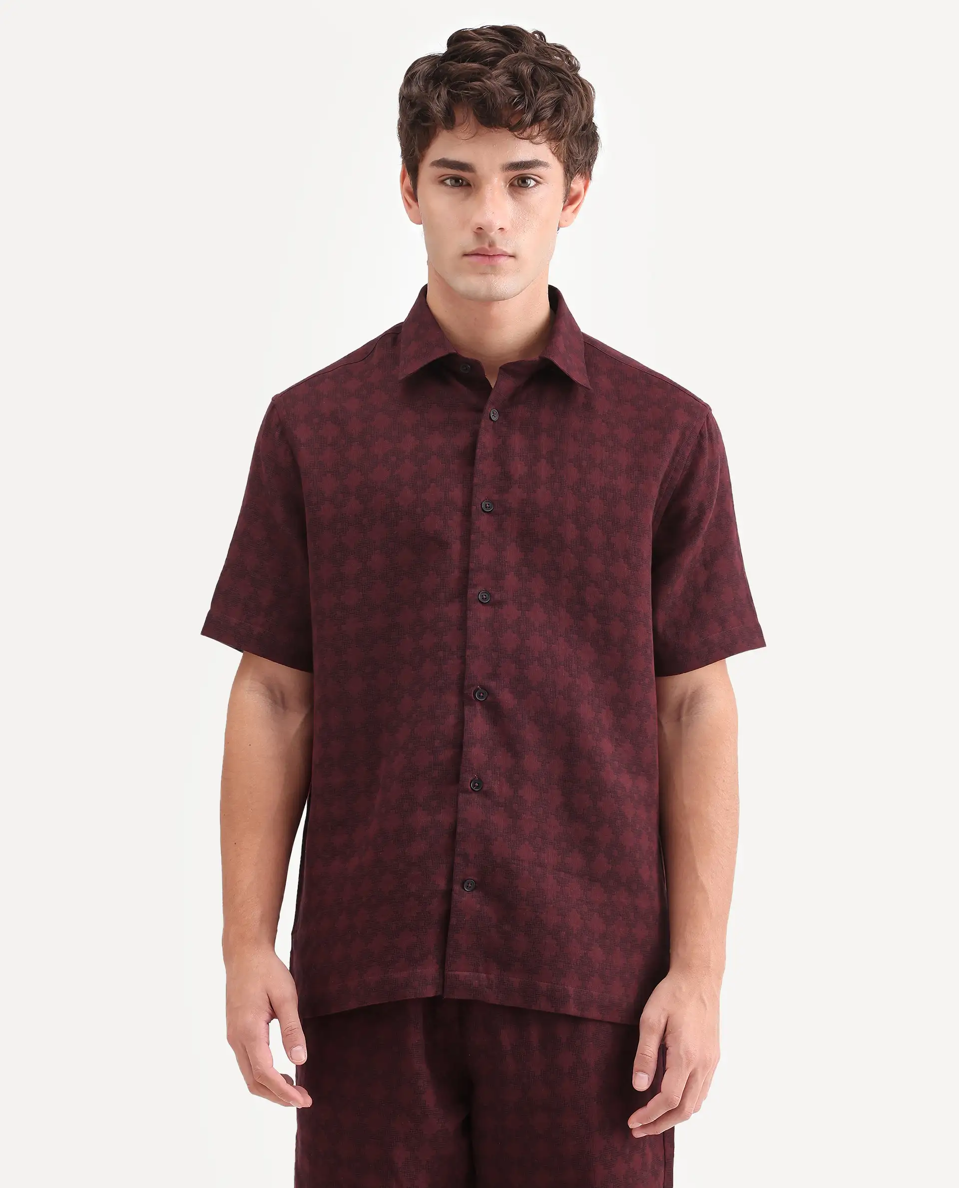 Rare Rabbit Men's Rance Dark Red Cotton Fabric Half Sleeve Regular Fit Geometric Print Shirt - Image 4