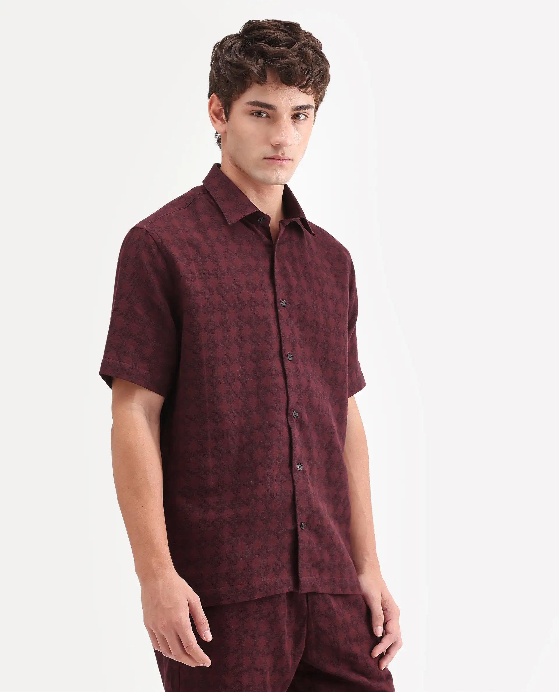 Rare Rabbit Men's Rance Dark Red Cotton Fabric Half Sleeve Regular Fit Geometric Print Shirt - Image 5