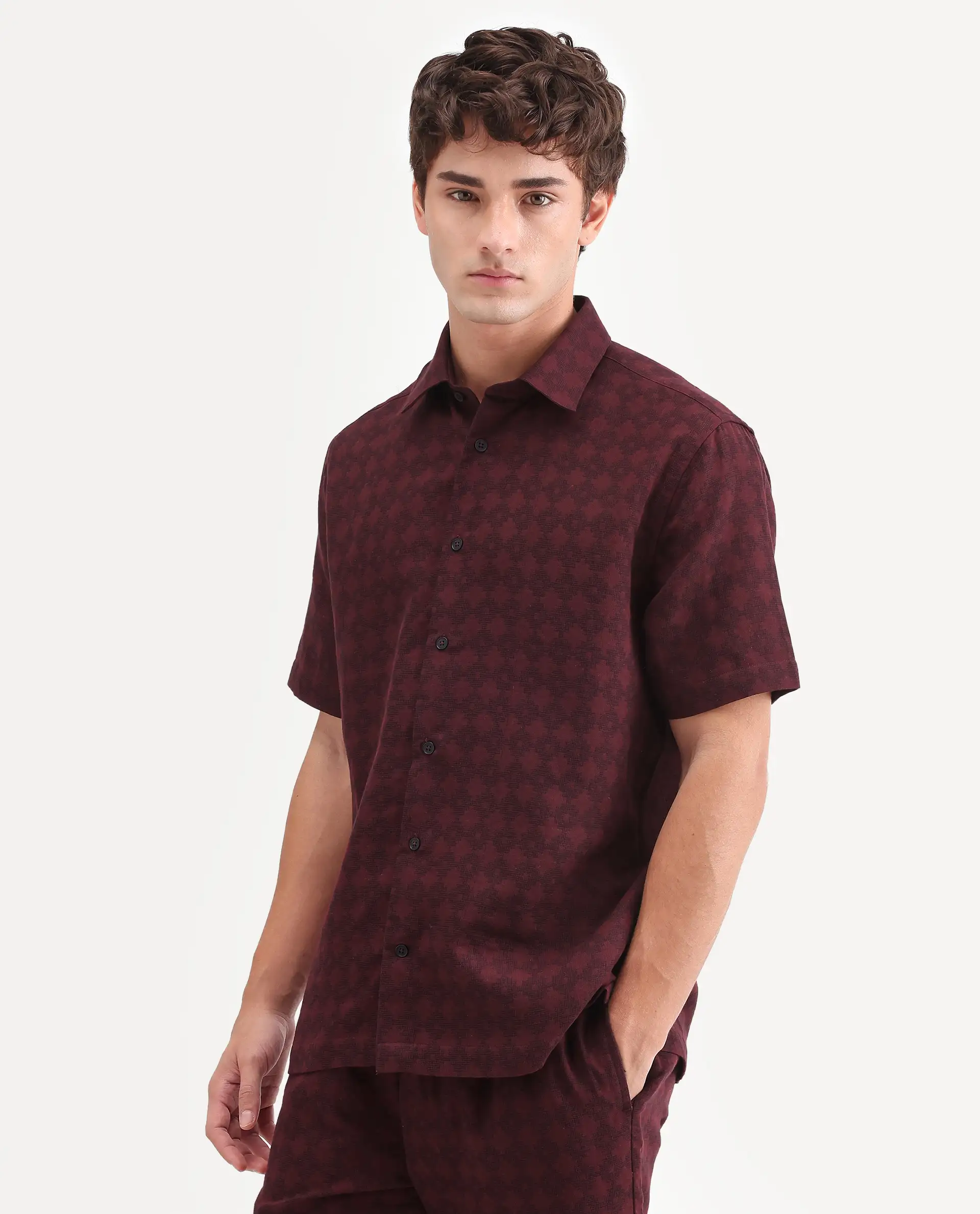 Rare Rabbit Men's Rance Dark Red Cotton Fabric Half Sleeve Regular Fit Geometric Print Shirt - Image 6