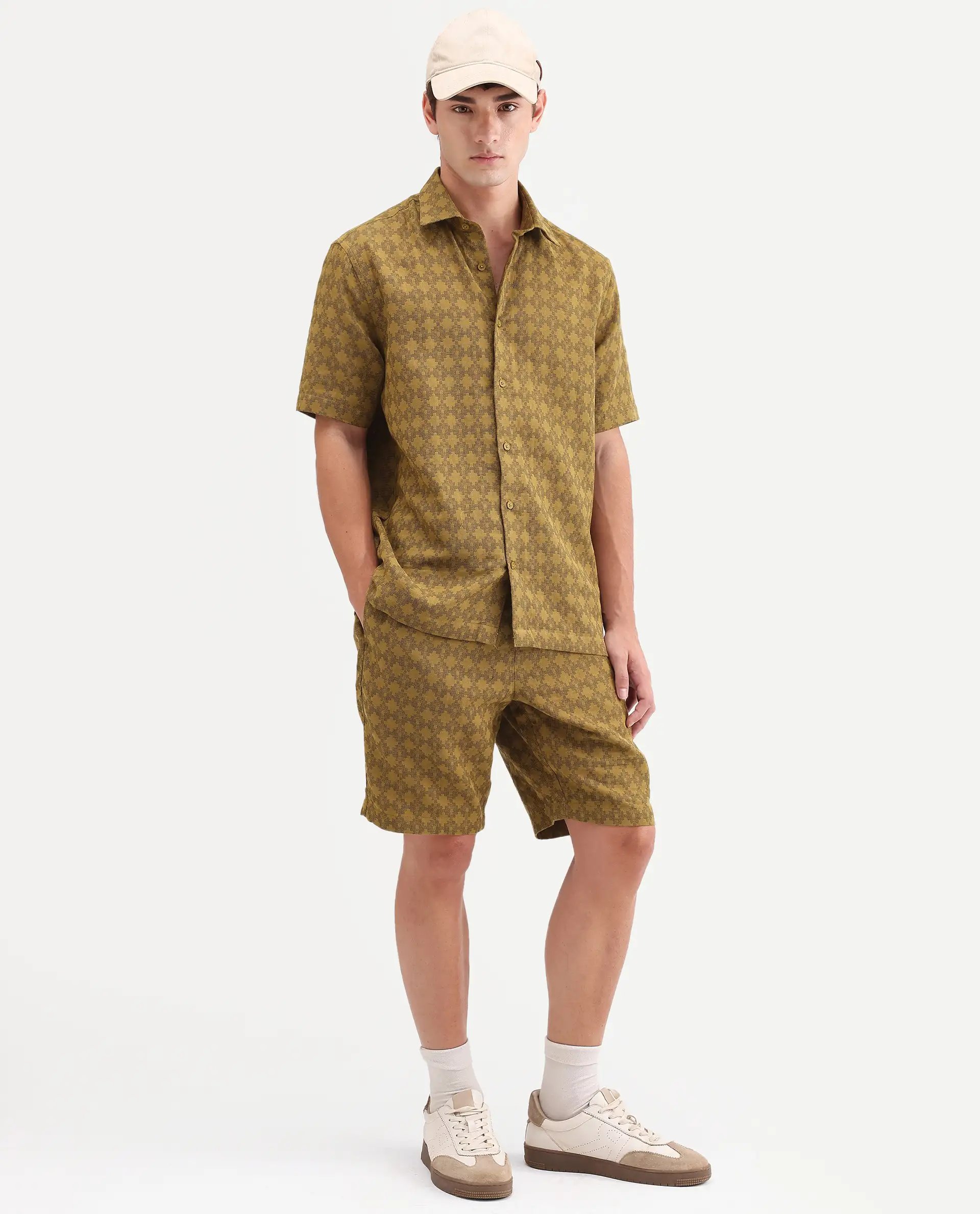 Rare Rabbit Men's Rance Mustard Cotton Fabric Half Sleeve Regular Fit Geometric Print Shirt - Image 2
