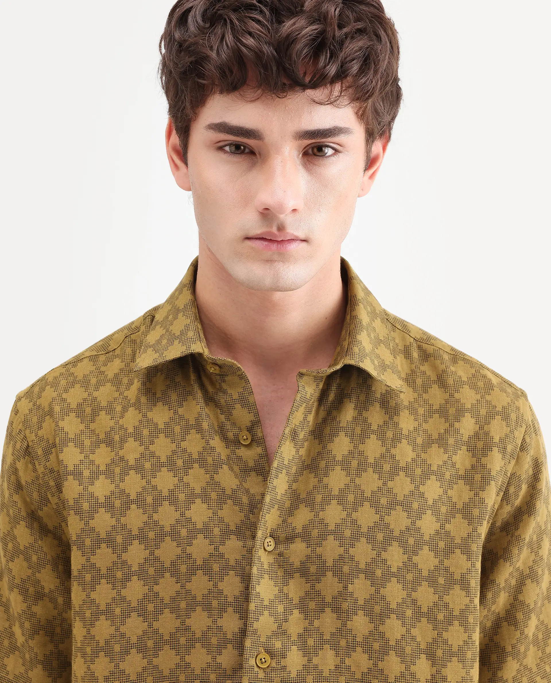 Rare Rabbit Men's Rance Mustard Cotton Fabric Half Sleeve Regular Fit Geometric Print Shirt - Image 3