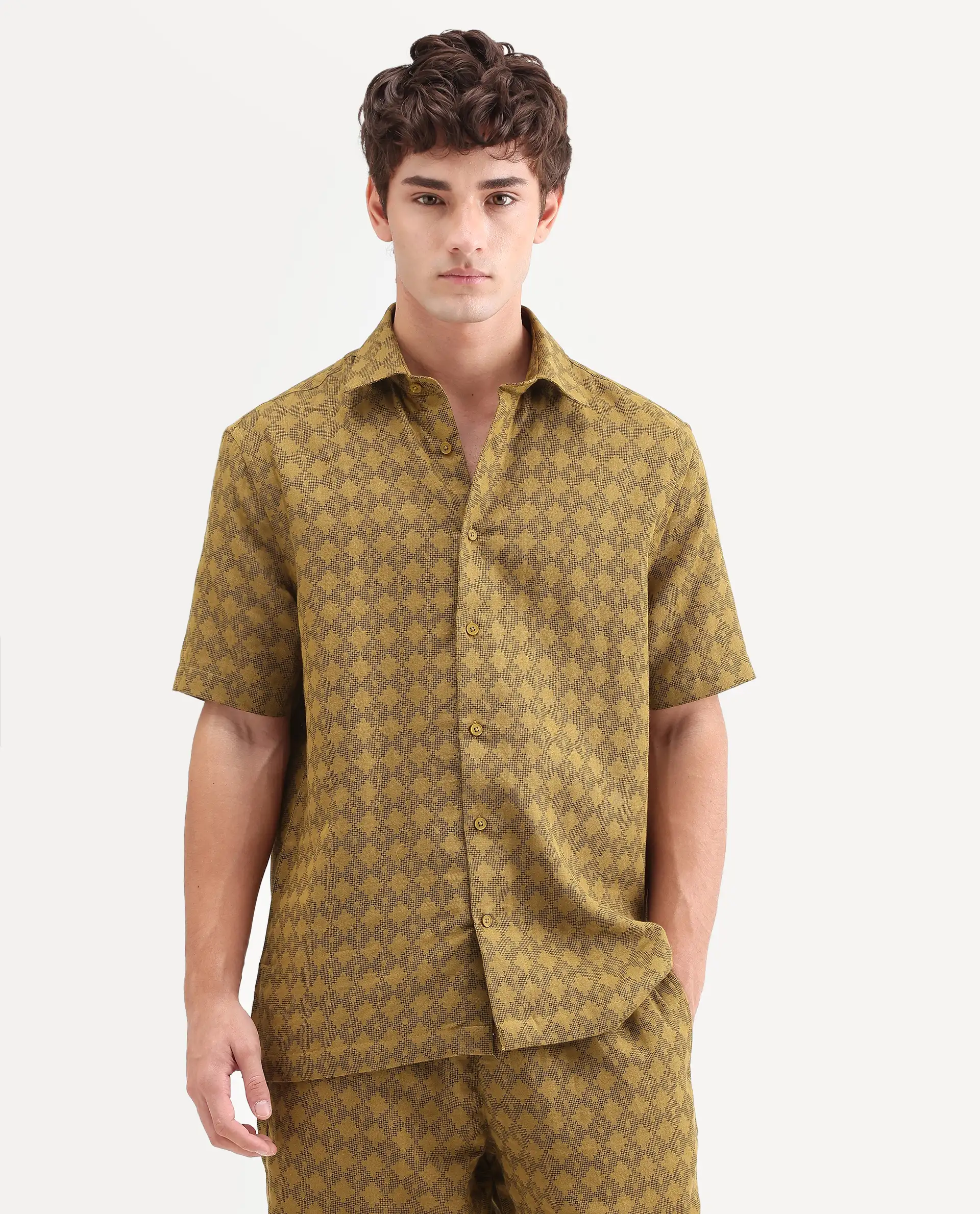 Rare Rabbit Men's Rance Mustard Cotton Fabric Half Sleeve Regular Fit Geometric Print Shirt - Image 4