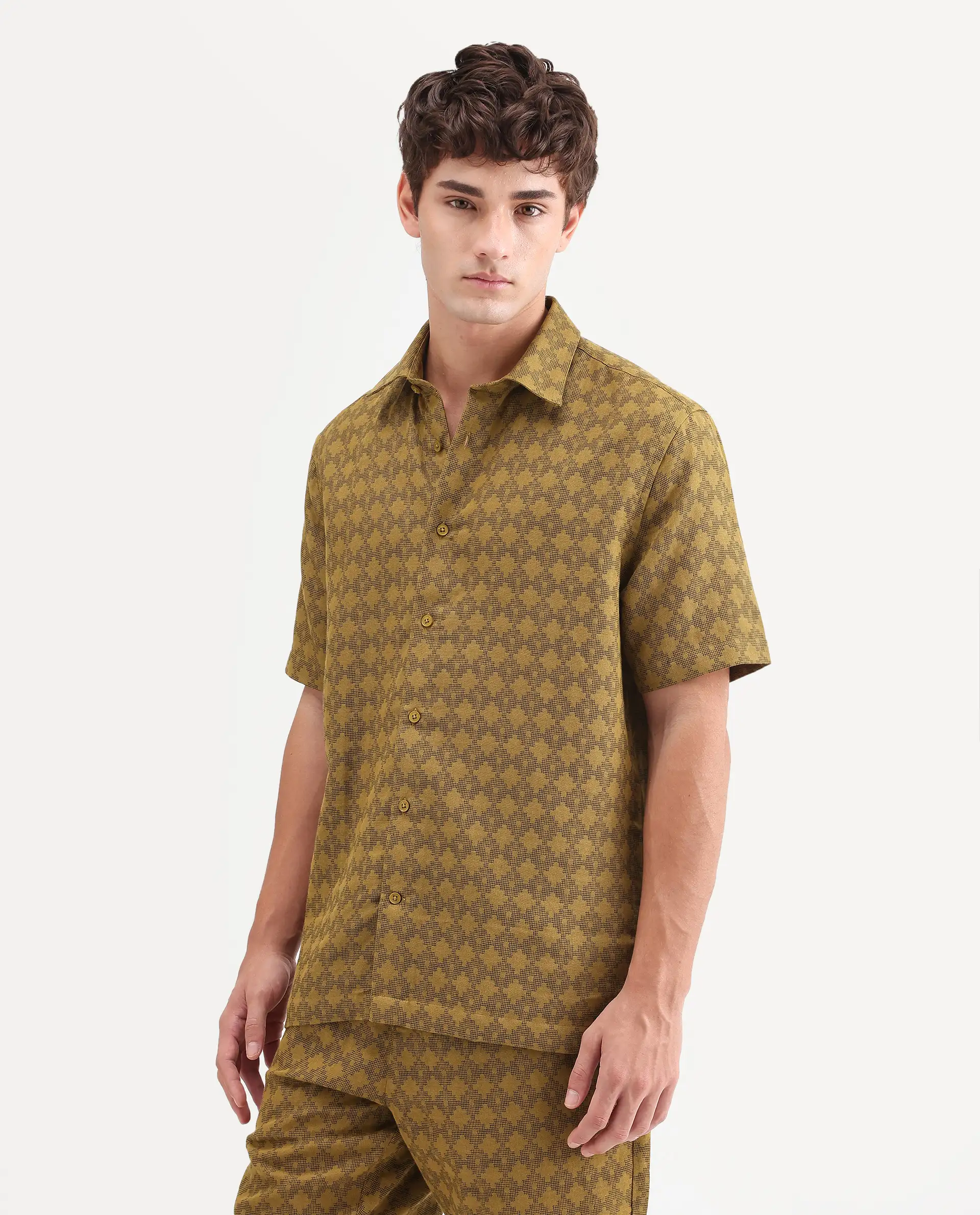 Rare Rabbit Men's Rance Mustard Cotton Fabric Half Sleeve Regular Fit Geometric Print Shirt - Image 5