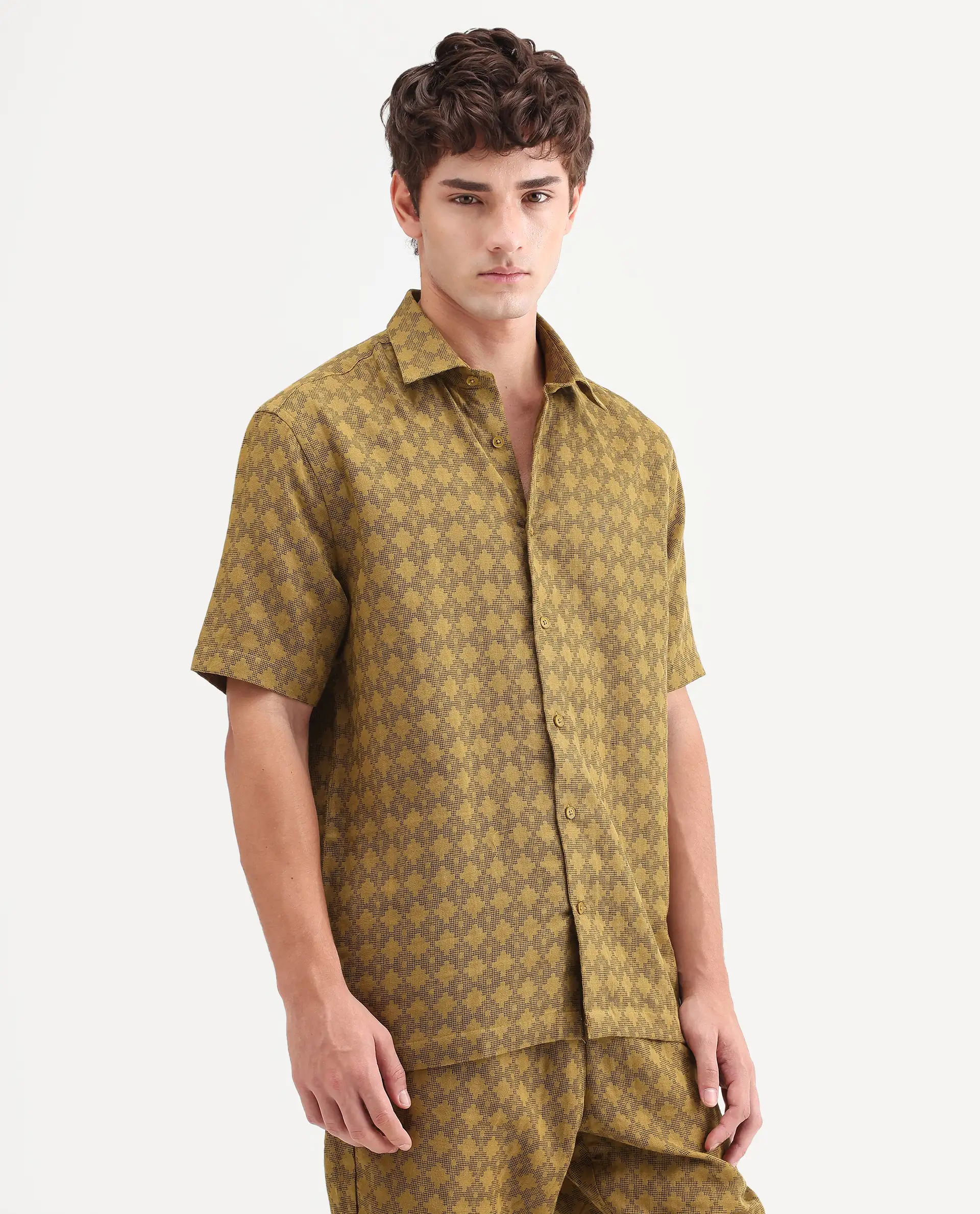 Rare Rabbit Men's Rance Mustard Cotton Fabric Half Sleeve Regular Fit Geometric Print Shirt - Image 6
