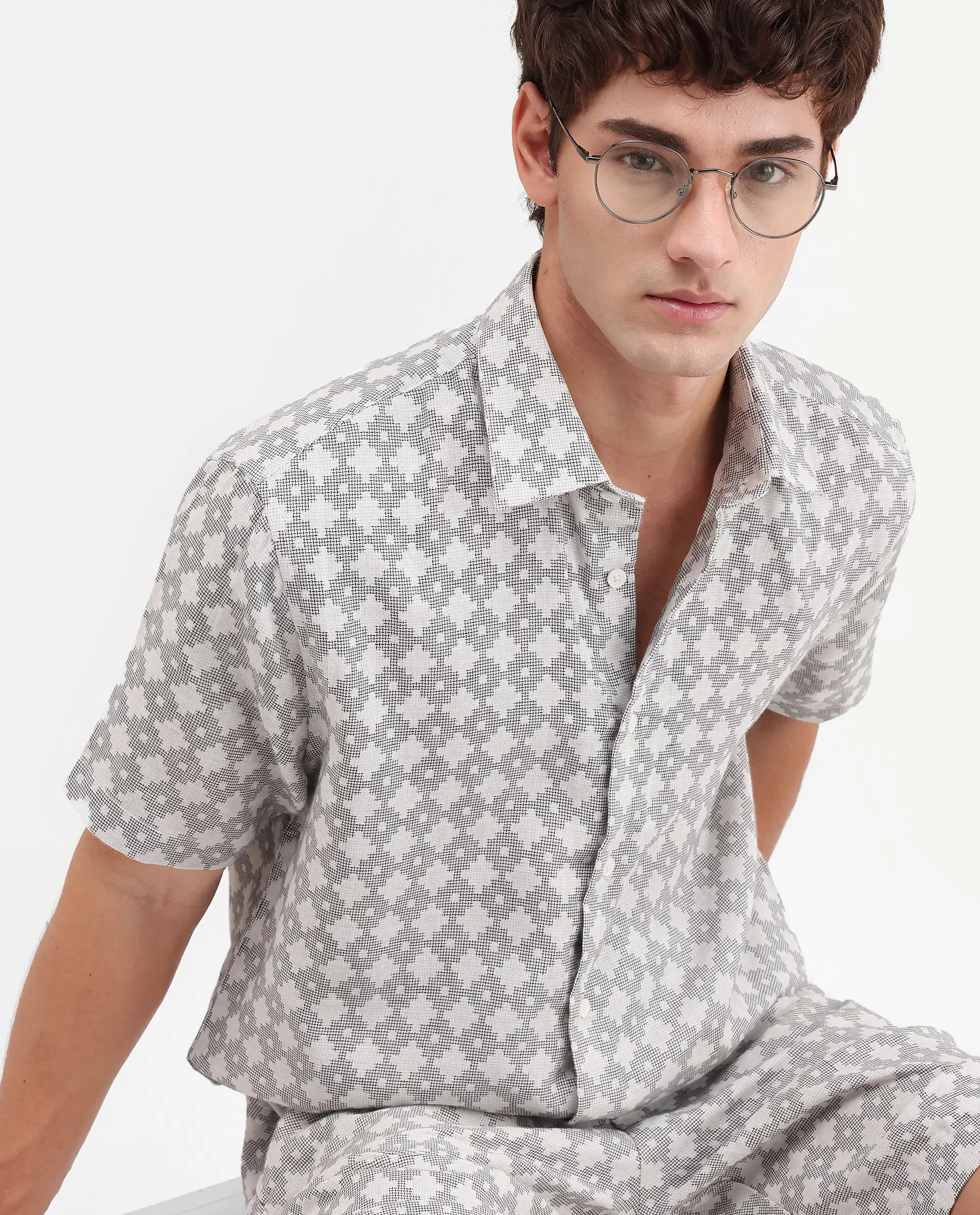 Rare Rabbit Men's Rance Off White Cotton Fabric Half Sleeve Regular Fit Geometric Print Shirt
