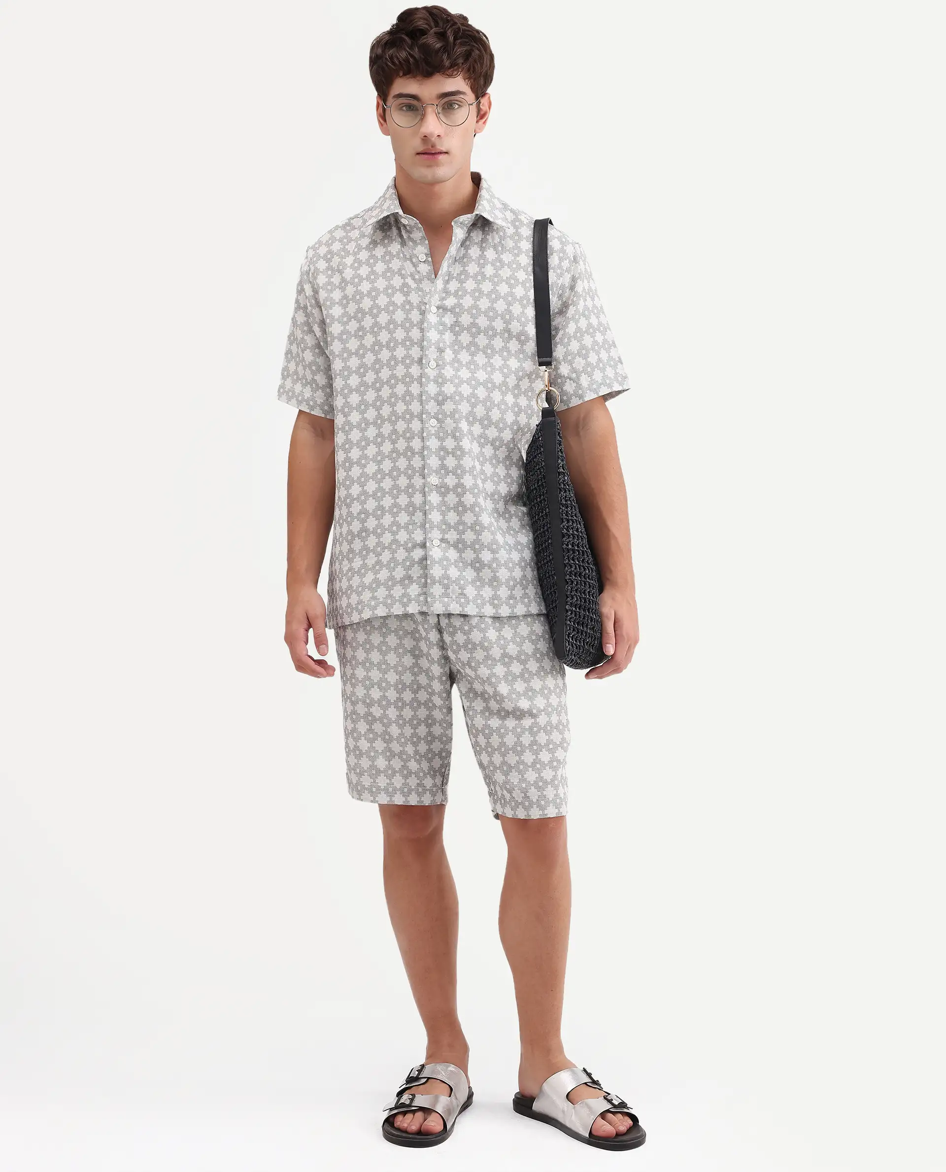 Rare Rabbit Men's Rance Off White Cotton Fabric Half Sleeve Regular Fit Geometric Print Shirt - Image 2