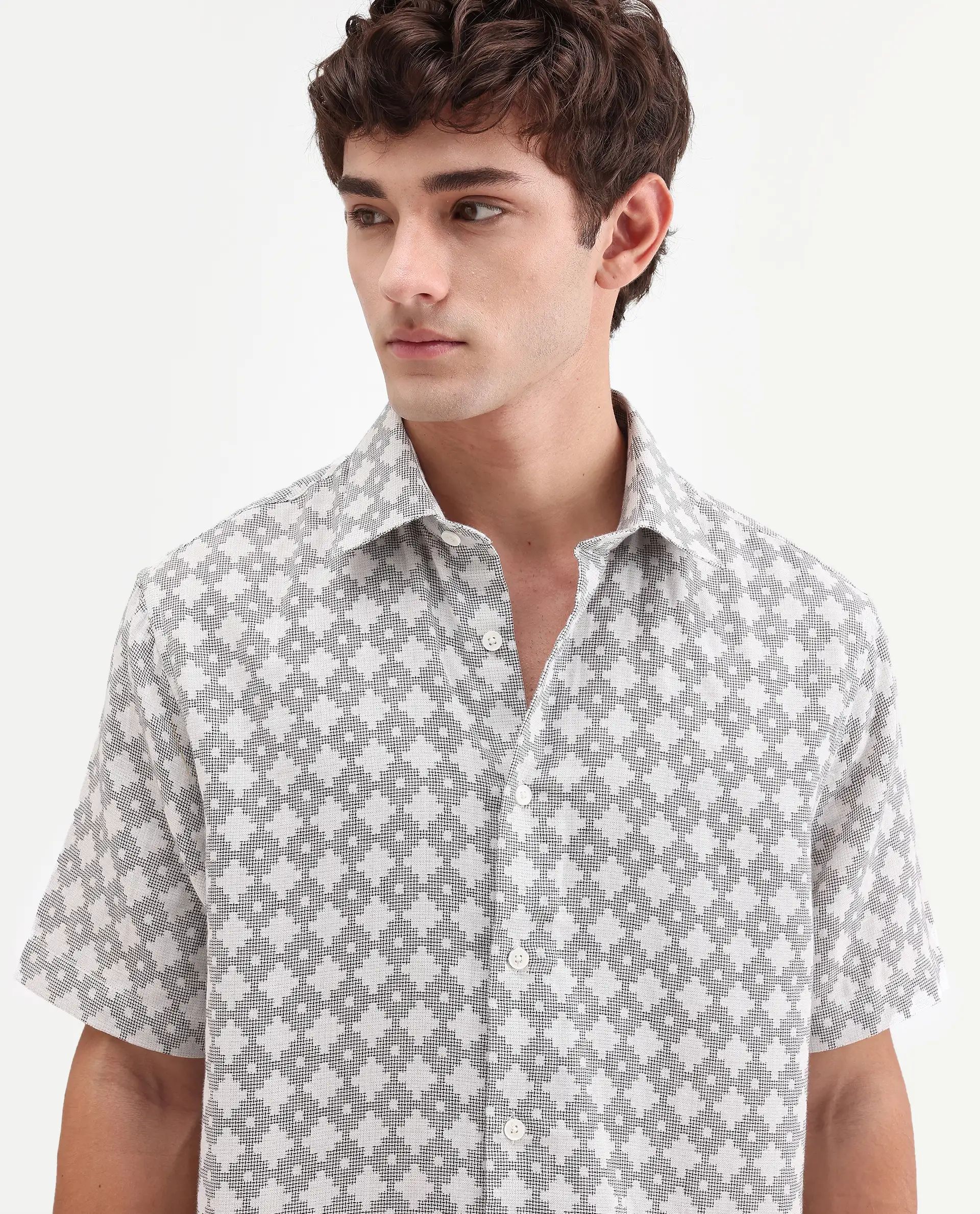 Rare Rabbit Men's Rance Off White Cotton Fabric Half Sleeve Regular Fit Geometric Print Shirt - Image 3