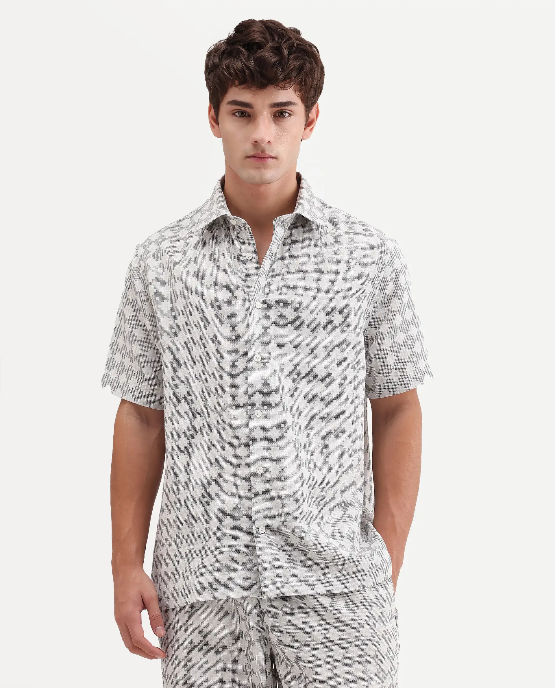 Rare Rabbit Men's Rance Off White Cotton Fabric Half Sleeve Regular Fit Geometric Print Shirt - Image 4