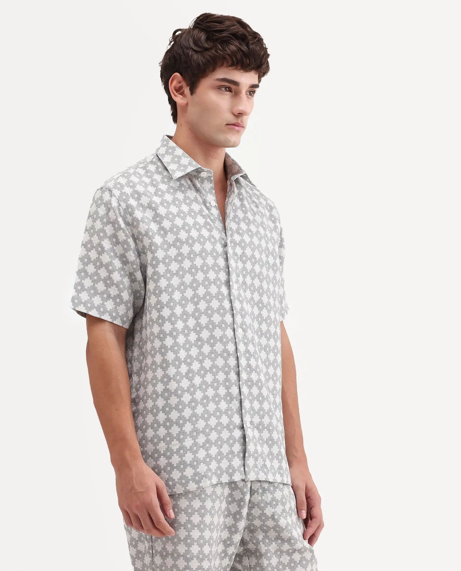 Rare Rabbit Men's Rance Off White Cotton Fabric Half Sleeve Regular Fit Geometric Print Shirt - Image 5