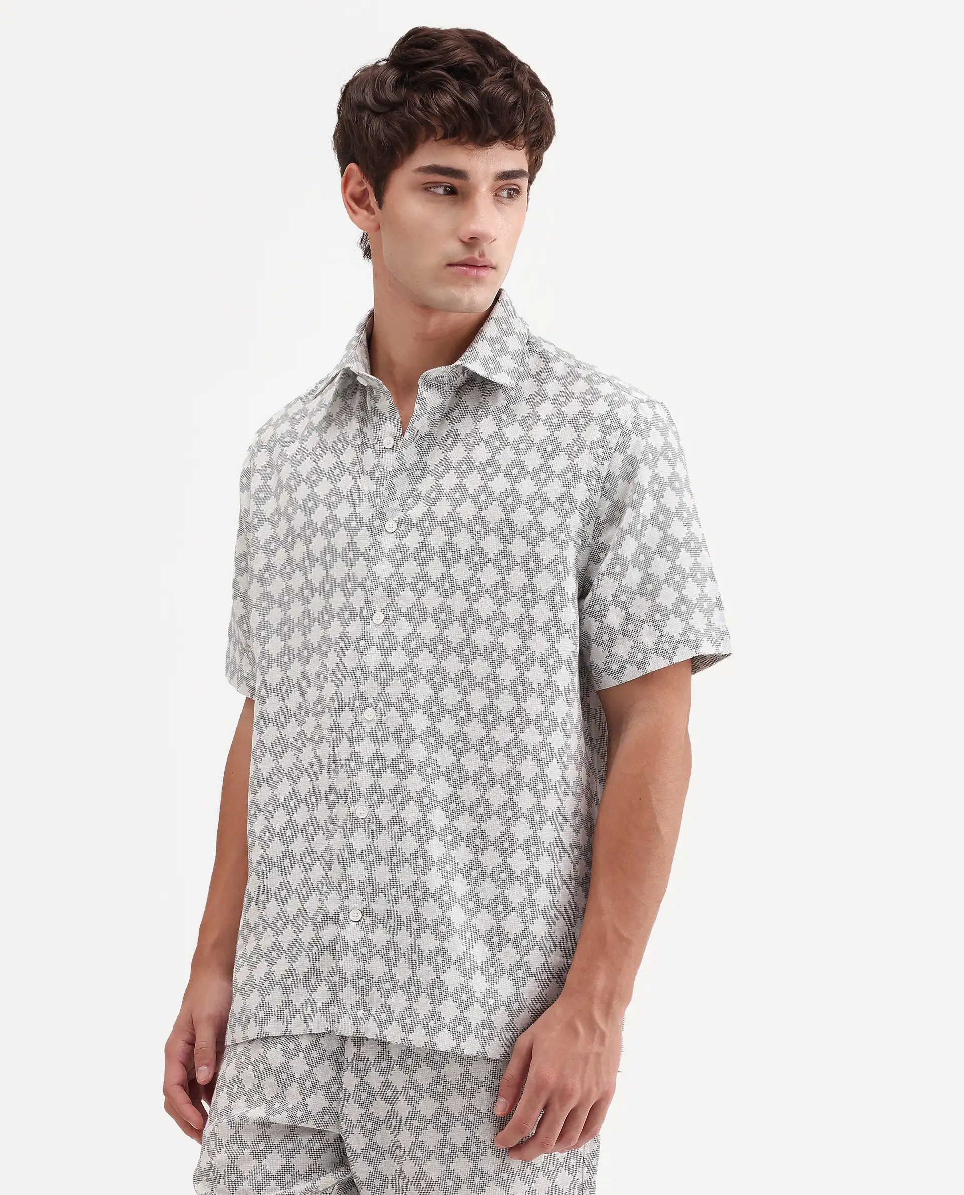 Rare Rabbit Men's Rance Off White Cotton Fabric Half Sleeve Regular Fit Geometric Print Shirt - Image 6