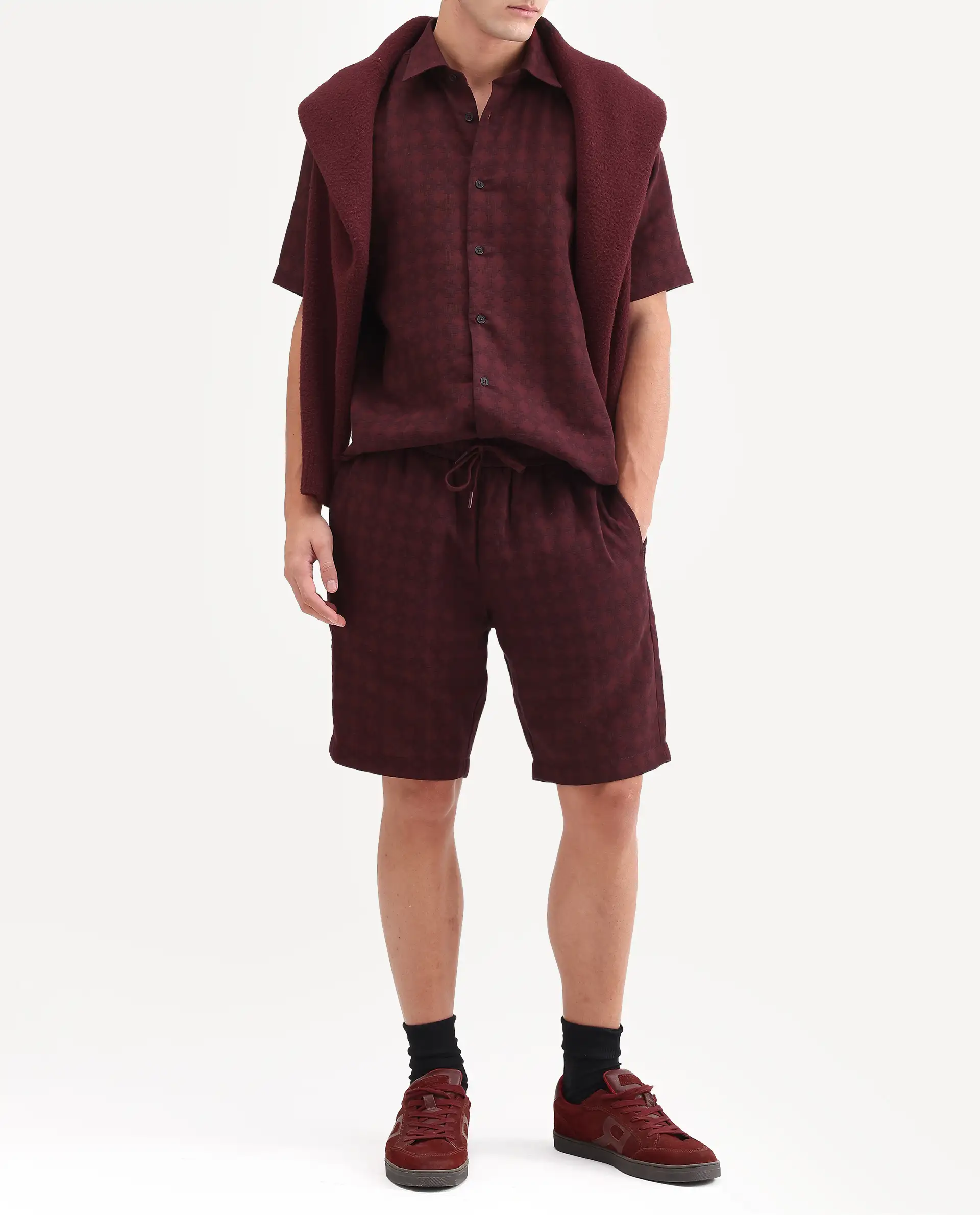 Rare Rabbit Men's Rance-T Dark Red Cotton Fabric Regular Fit Plain Geometric Print Shorts - Image 2