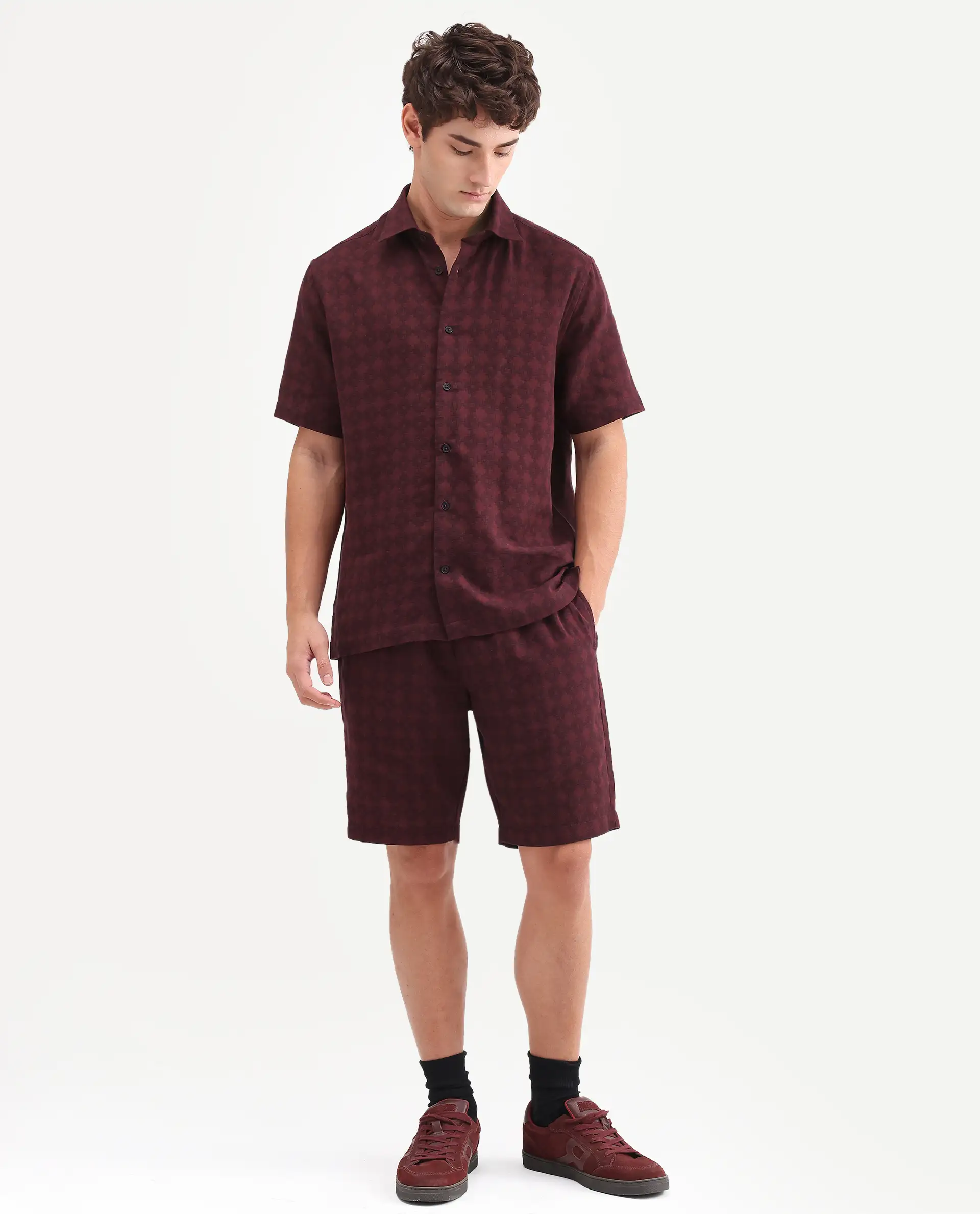 Rare Rabbit Men's Rance-T Dark Red Cotton Fabric Regular Fit Plain Geometric Print Shorts - Image 4