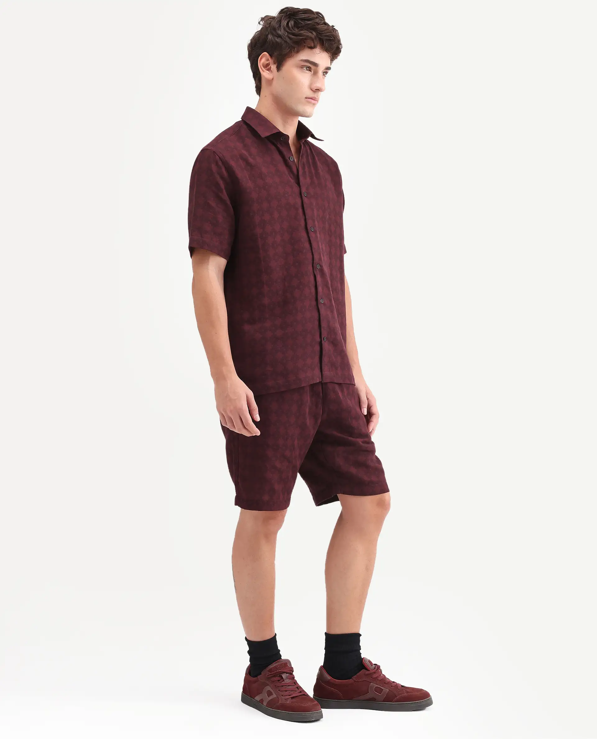 Rare Rabbit Men's Rance-T Dark Red Cotton Fabric Regular Fit Plain Geometric Print Shorts - Image 5