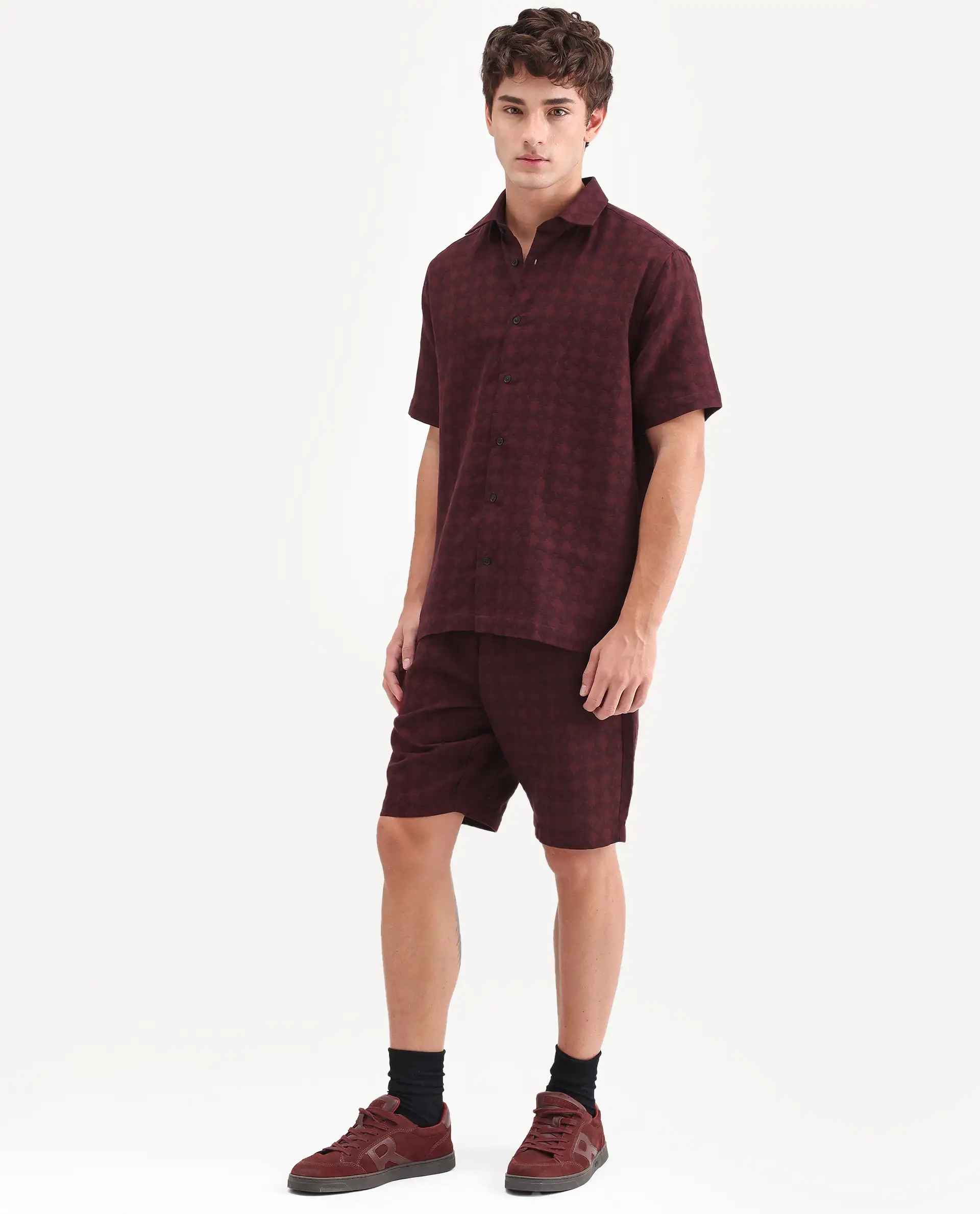 Rare Rabbit Men's Rance-T Dark Red Cotton Fabric Regular Fit Plain Geometric Print Shorts - Image 6