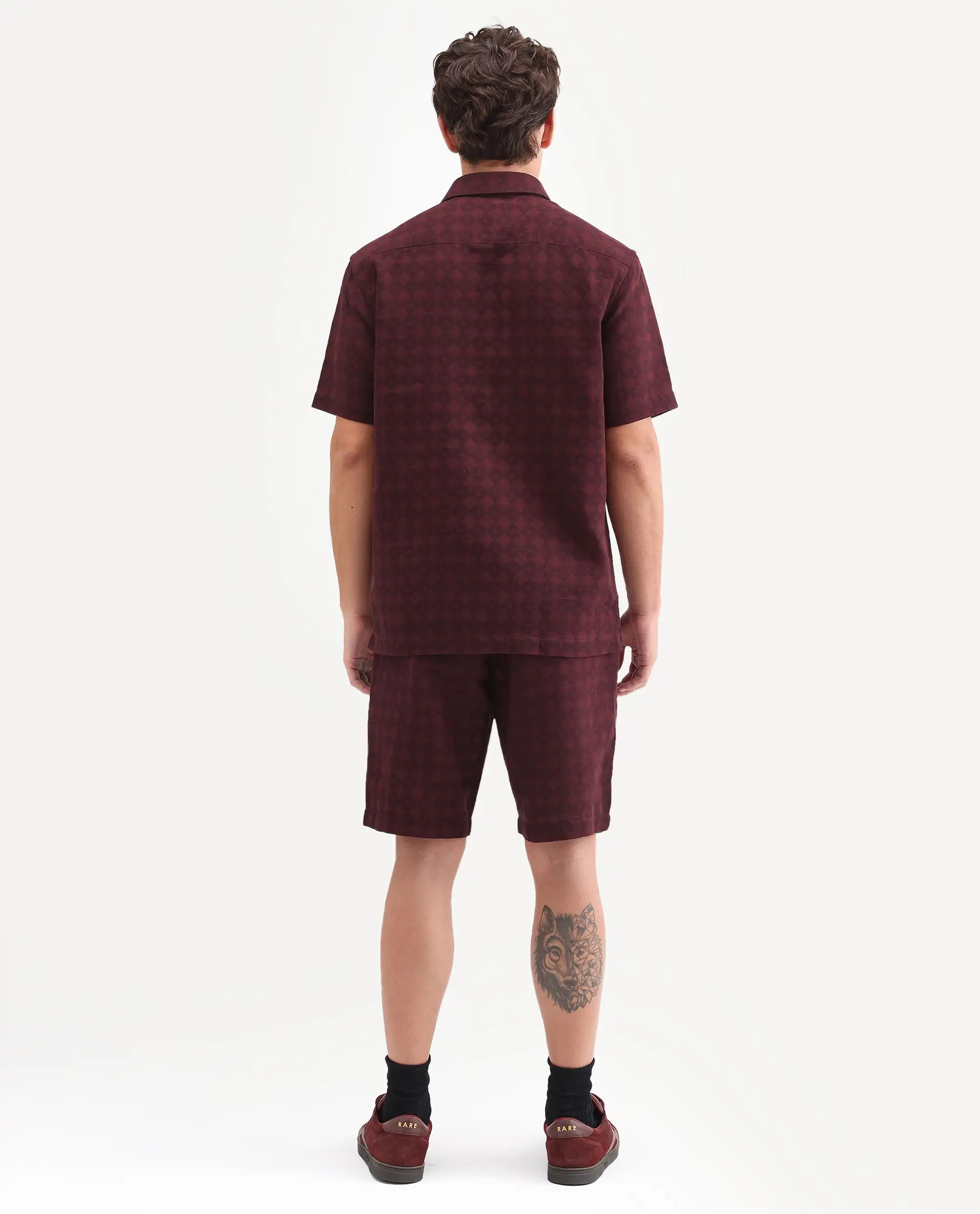 Rare Rabbit Men's Rance-T Dark Red Cotton Fabric Regular Fit Plain Geometric Print Shorts - Image 7