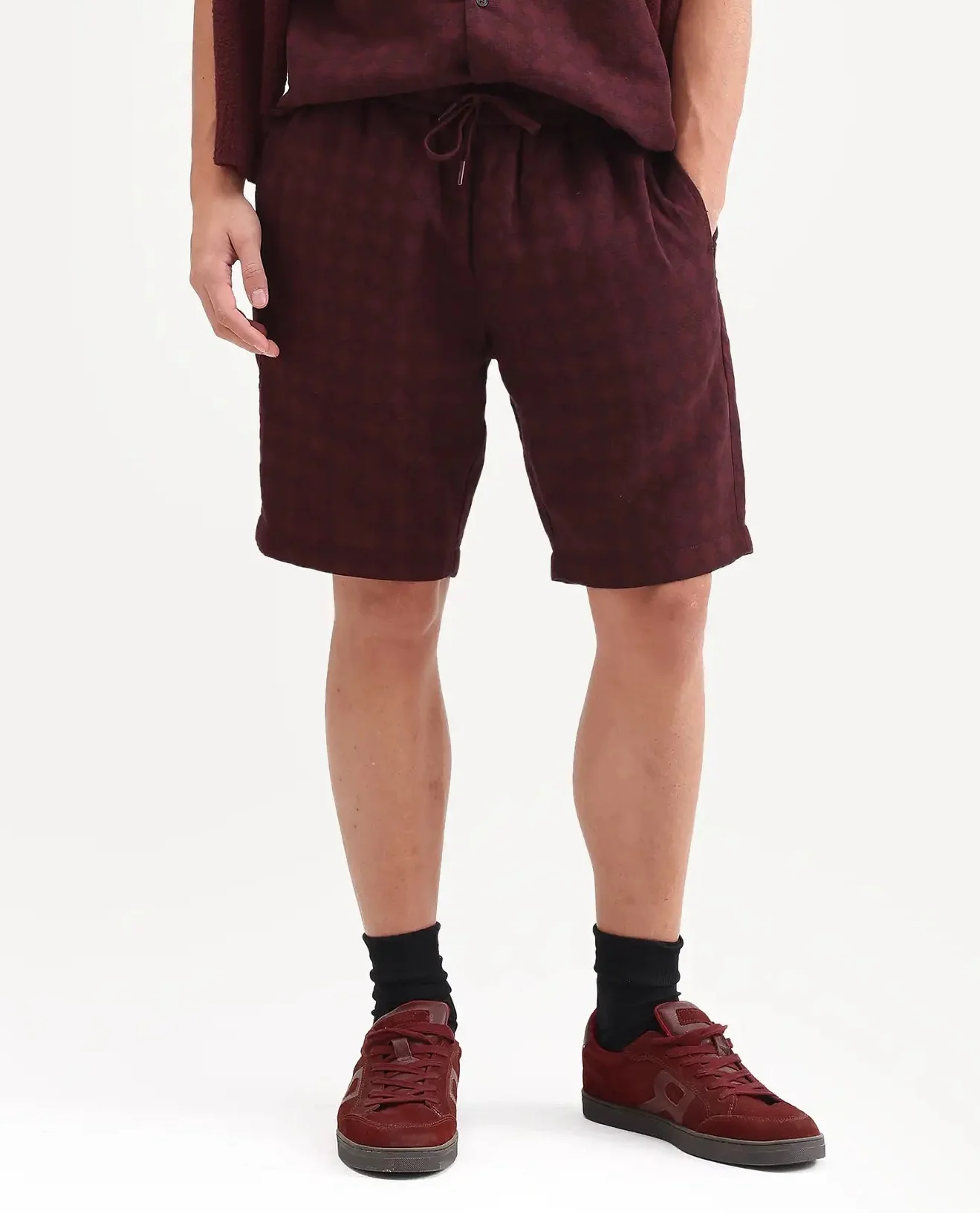 Rare Rabbit Men's Rance-T Dark Red Cotton Fabric Regular Fit Plain Geometric Print Shorts - Image 8