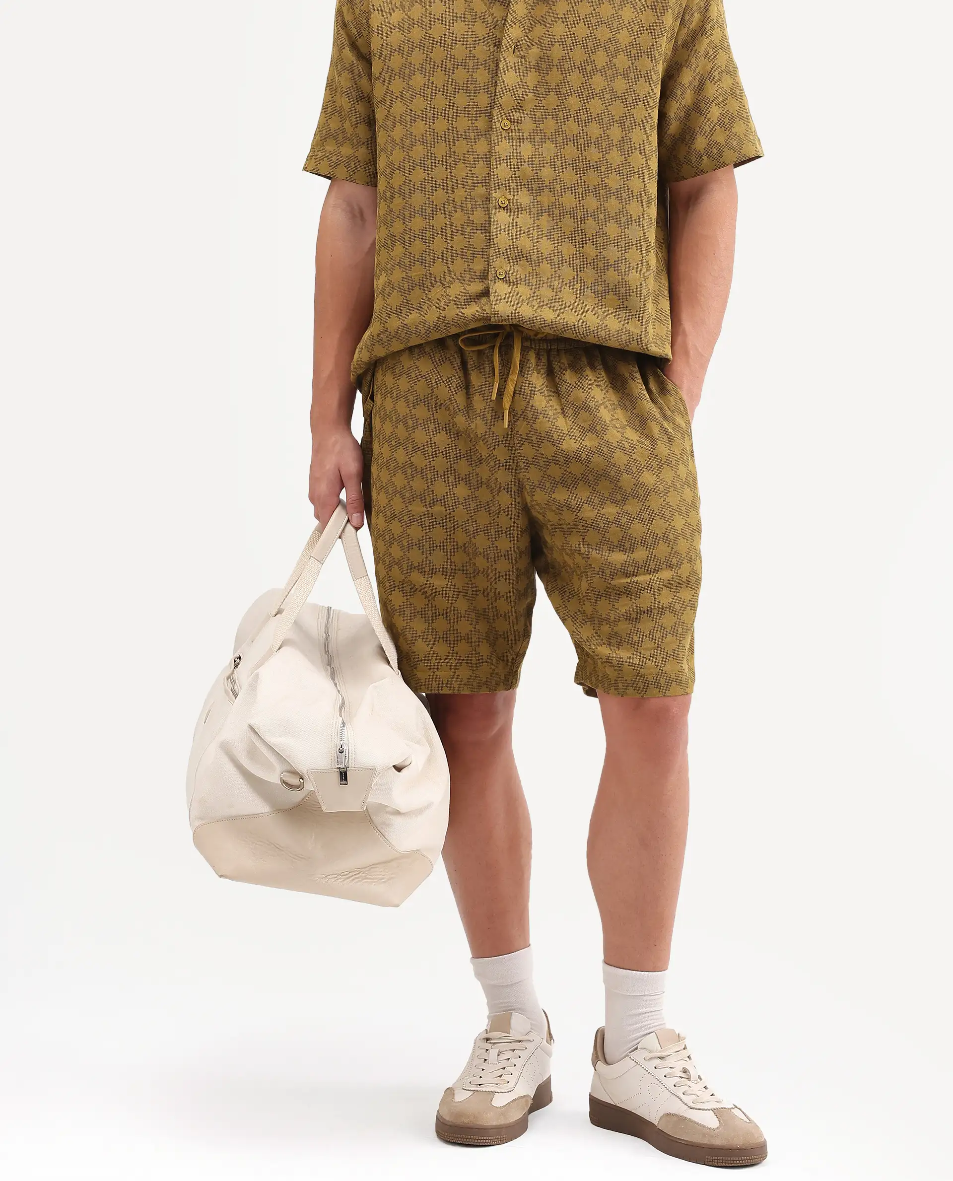 Rare Rabbit Men's Rance-T Mustard Cotton Fabric Regular Fit Plain Geometric Print Shorts - Image 2