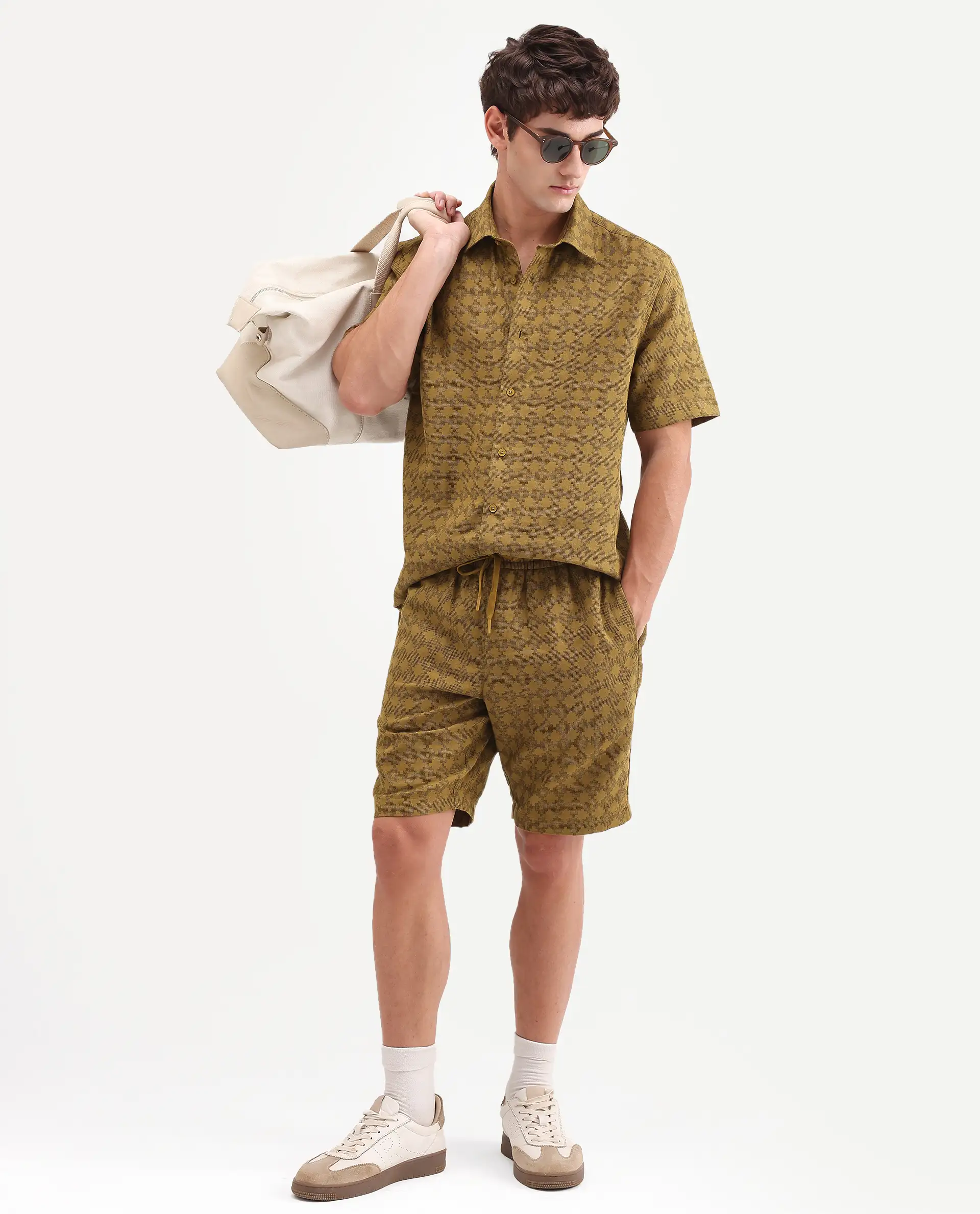 Rare Rabbit Men's Rance-T Mustard Cotton Fabric Regular Fit Plain Geometric Print Shorts - Image 4