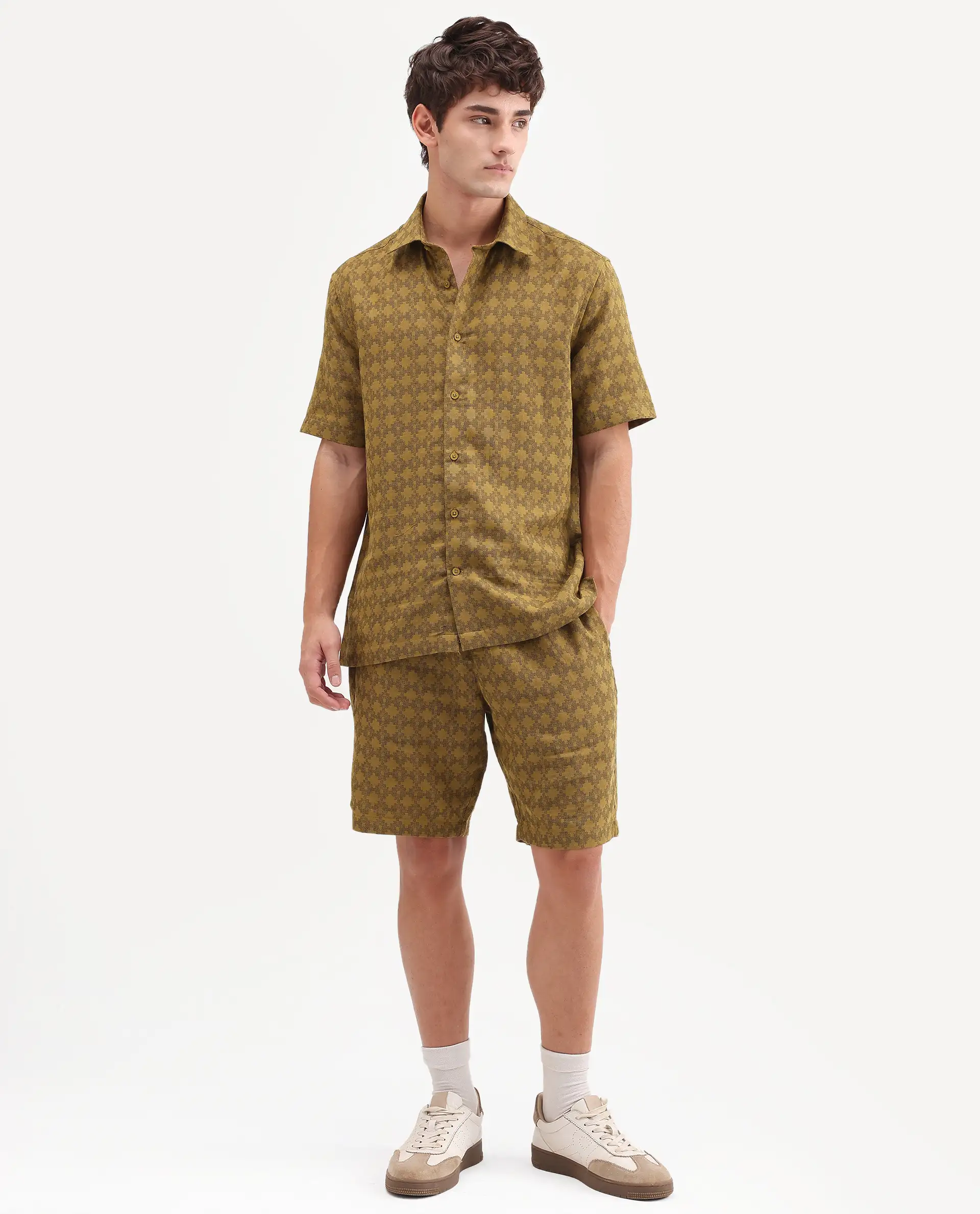 Rare Rabbit Men's Rance-T Mustard Cotton Fabric Regular Fit Plain Geometric Print Shorts - Image 5