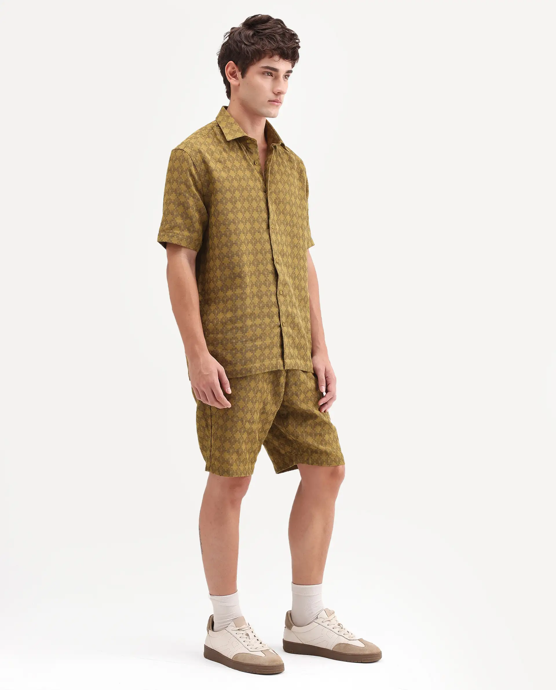 Rare Rabbit Men's Rance-T Mustard Cotton Fabric Regular Fit Plain Geometric Print Shorts - Image 6