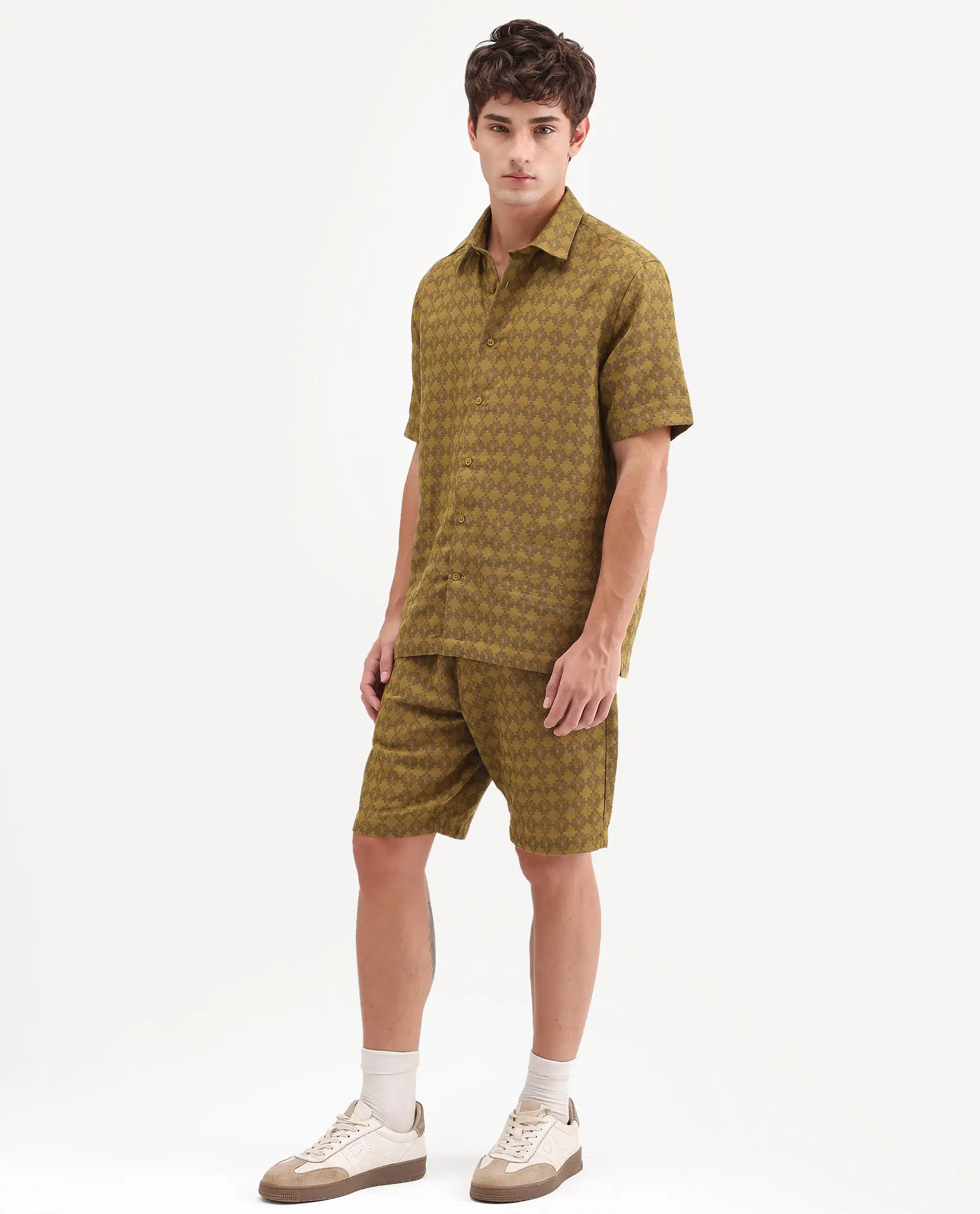 Rare Rabbit Men's Rance-T Mustard Cotton Fabric Regular Fit Plain Geometric Print Shorts - Image 7